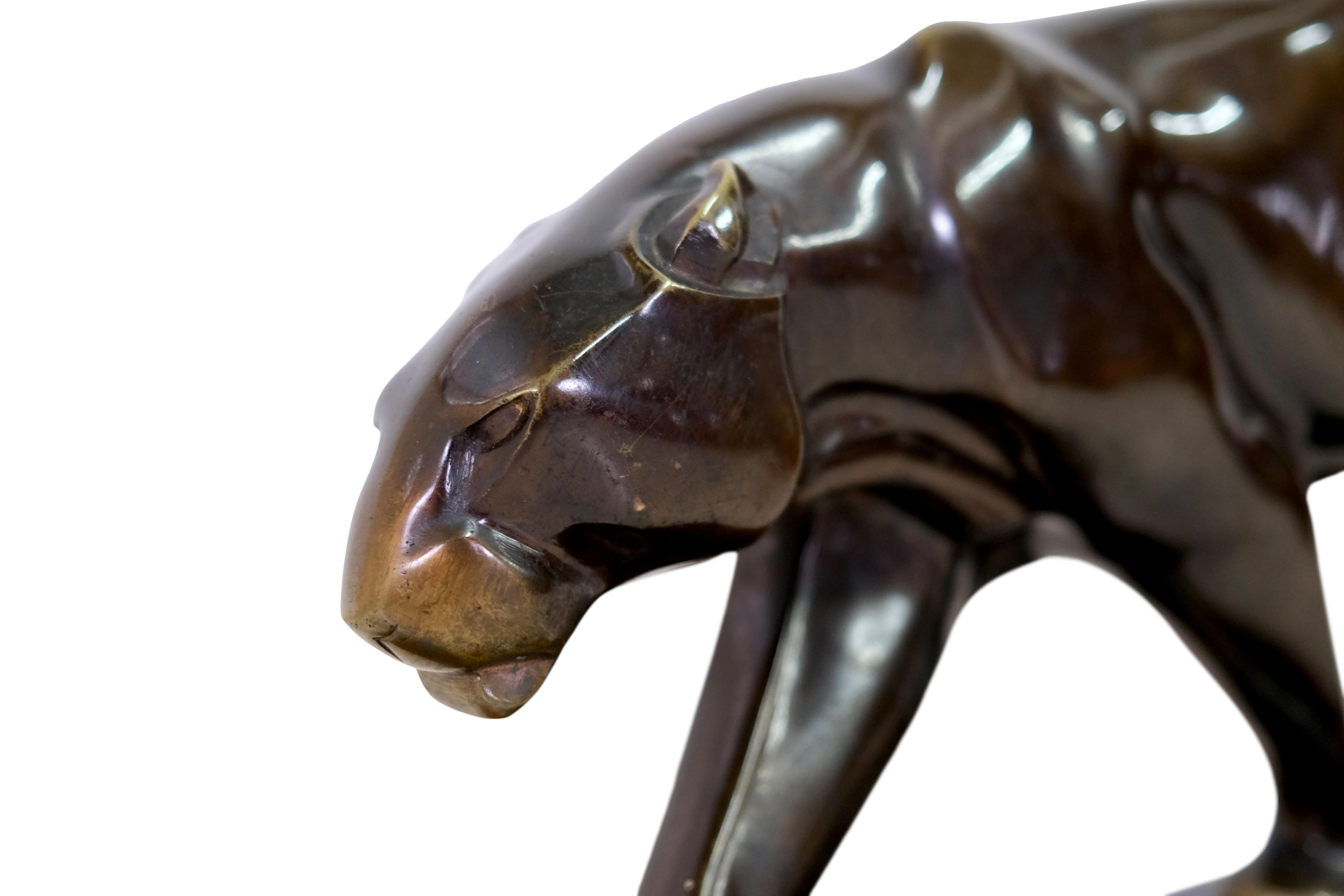 Mid-20th Century Impressive Big Maurice Prost Panther Sculpture in Bronze on a Black Marble Base