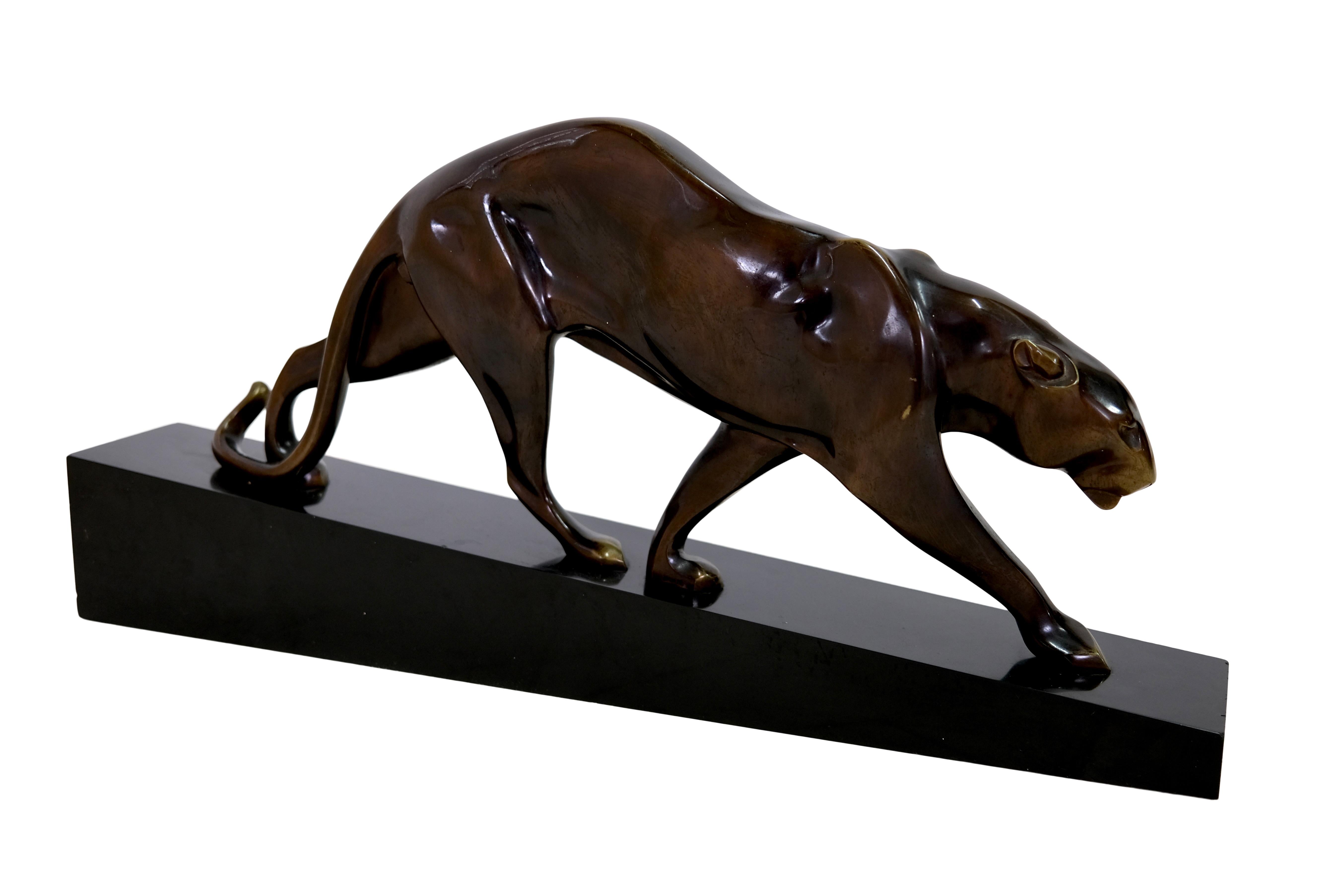 Impressive Big Maurice Prost Panther Sculpture in Bronze on a Black Marble Base 1