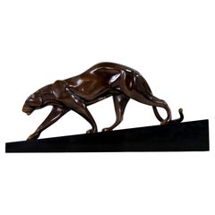Impressive Big Maurice Prost Panther Sculpture in Bronze on a Black Marble Base