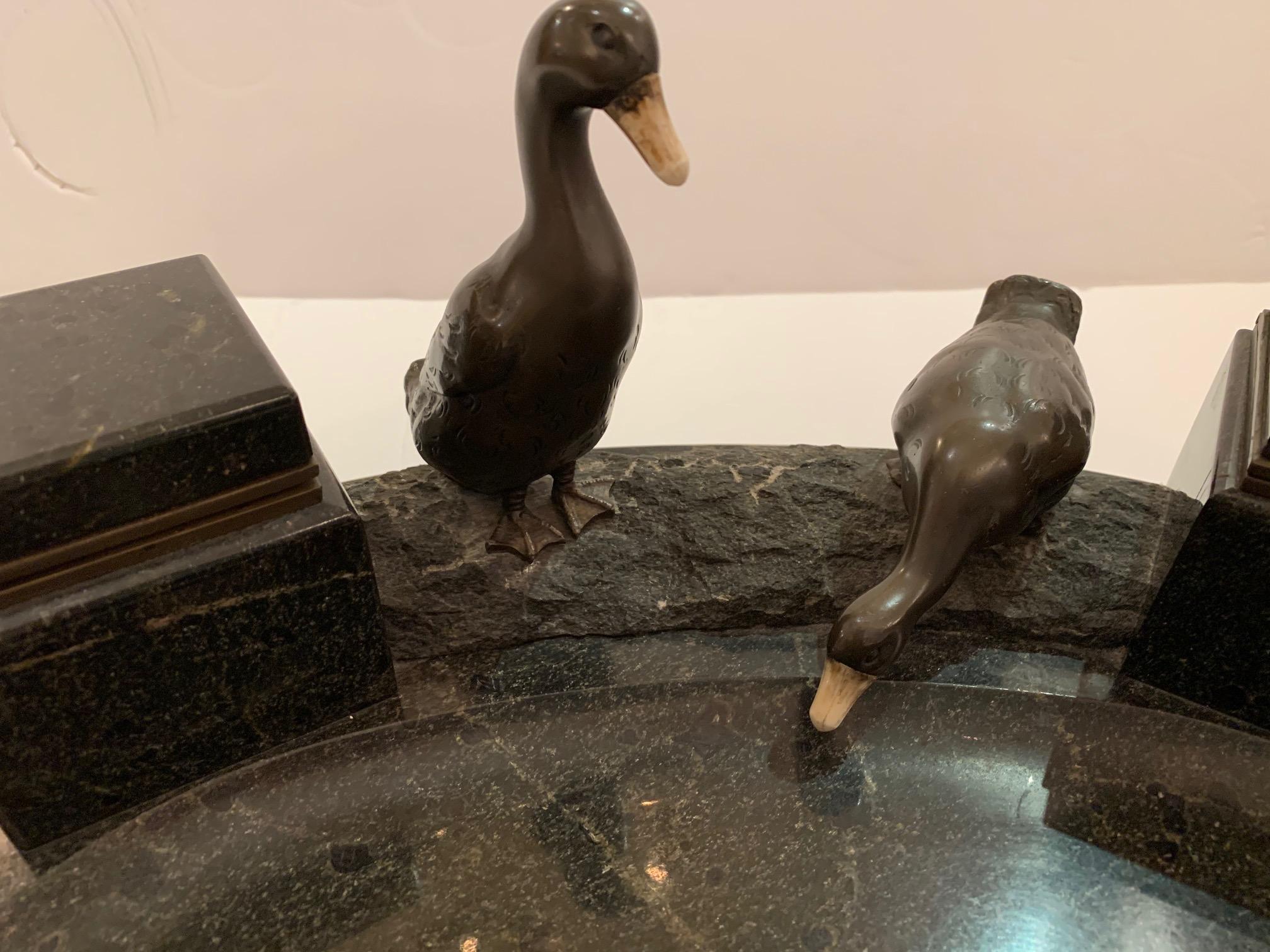 Impressive Black Marble Inkwell with Bronze Ducks For Sale 4