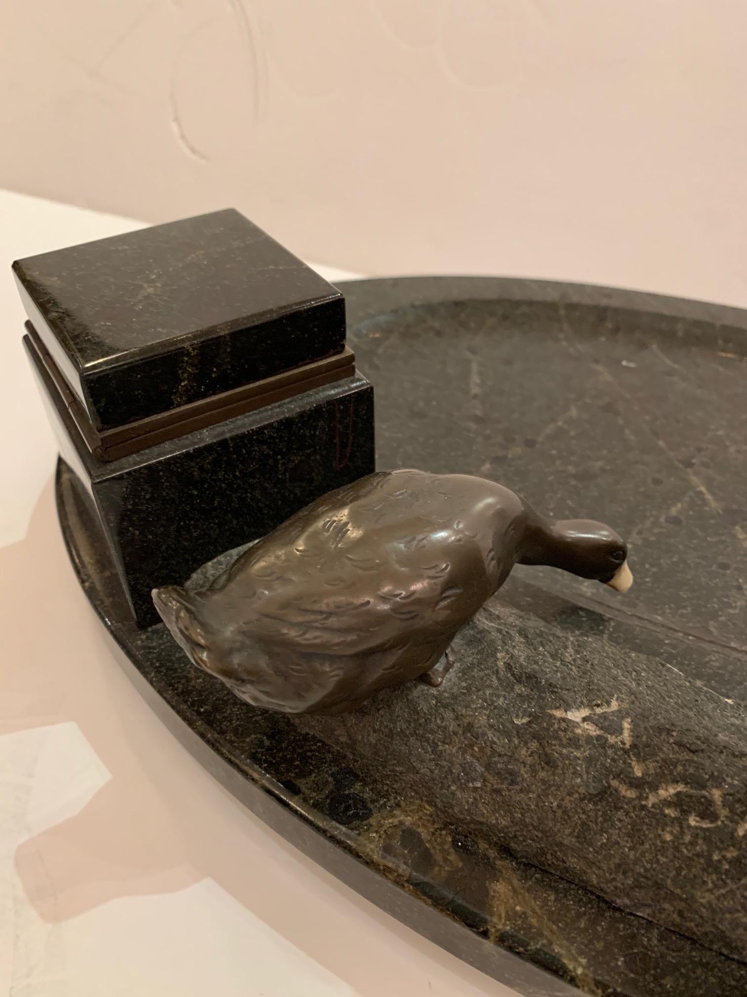 Impressive Black Marble Inkwell with Bronze Ducks For Sale 8