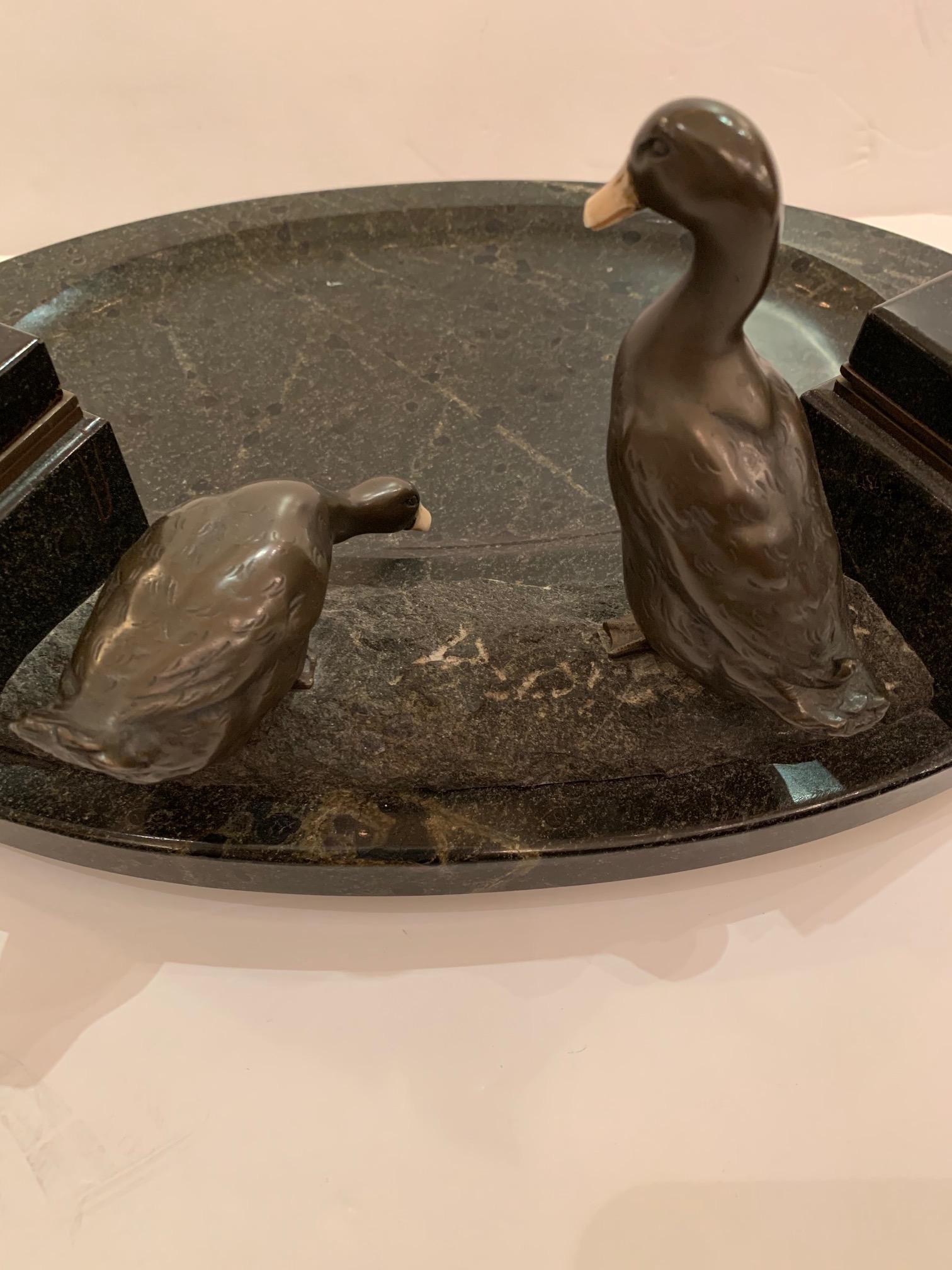 Art Deco Impressive Black Marble Inkwell with Bronze Ducks For Sale