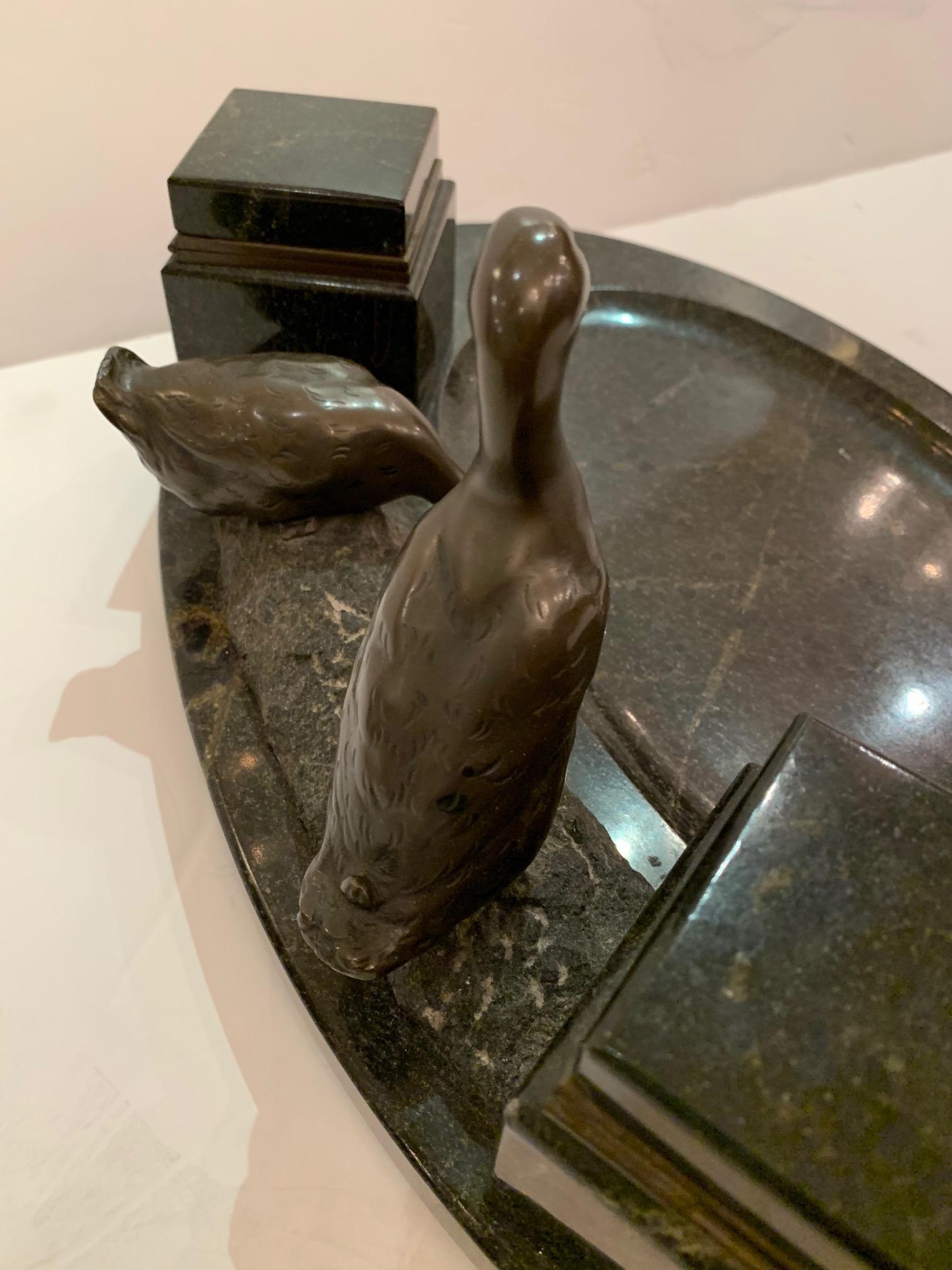 French Impressive Black Marble Inkwell with Bronze Ducks For Sale