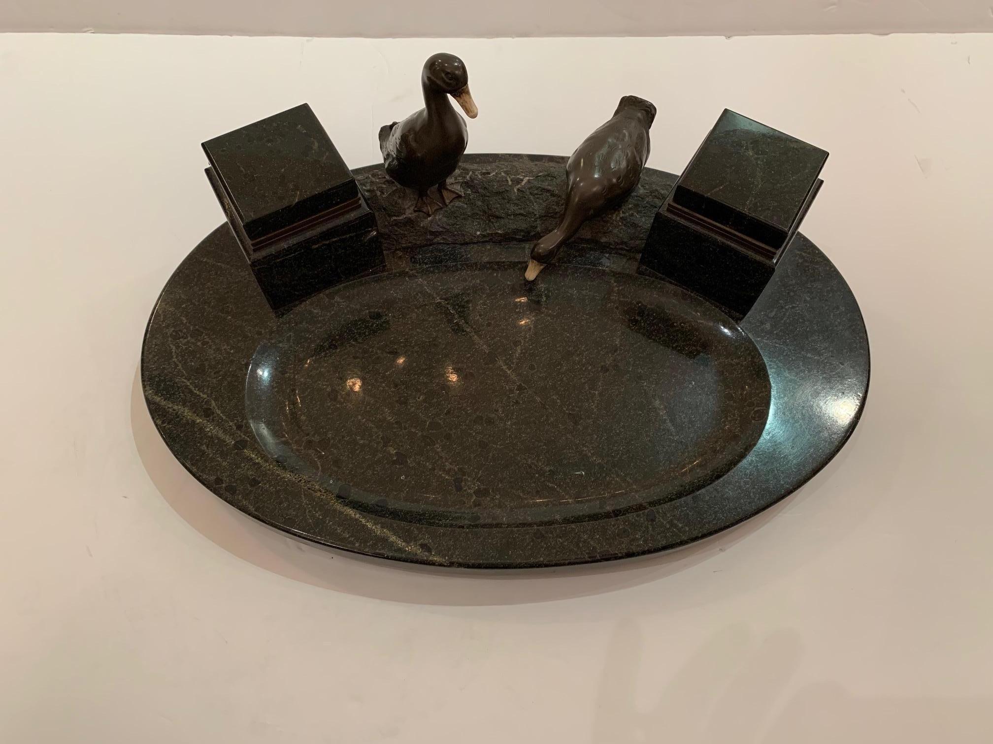 Impressive Black Marble Inkwell with Bronze Ducks In Excellent Condition For Sale In Hopewell, NJ