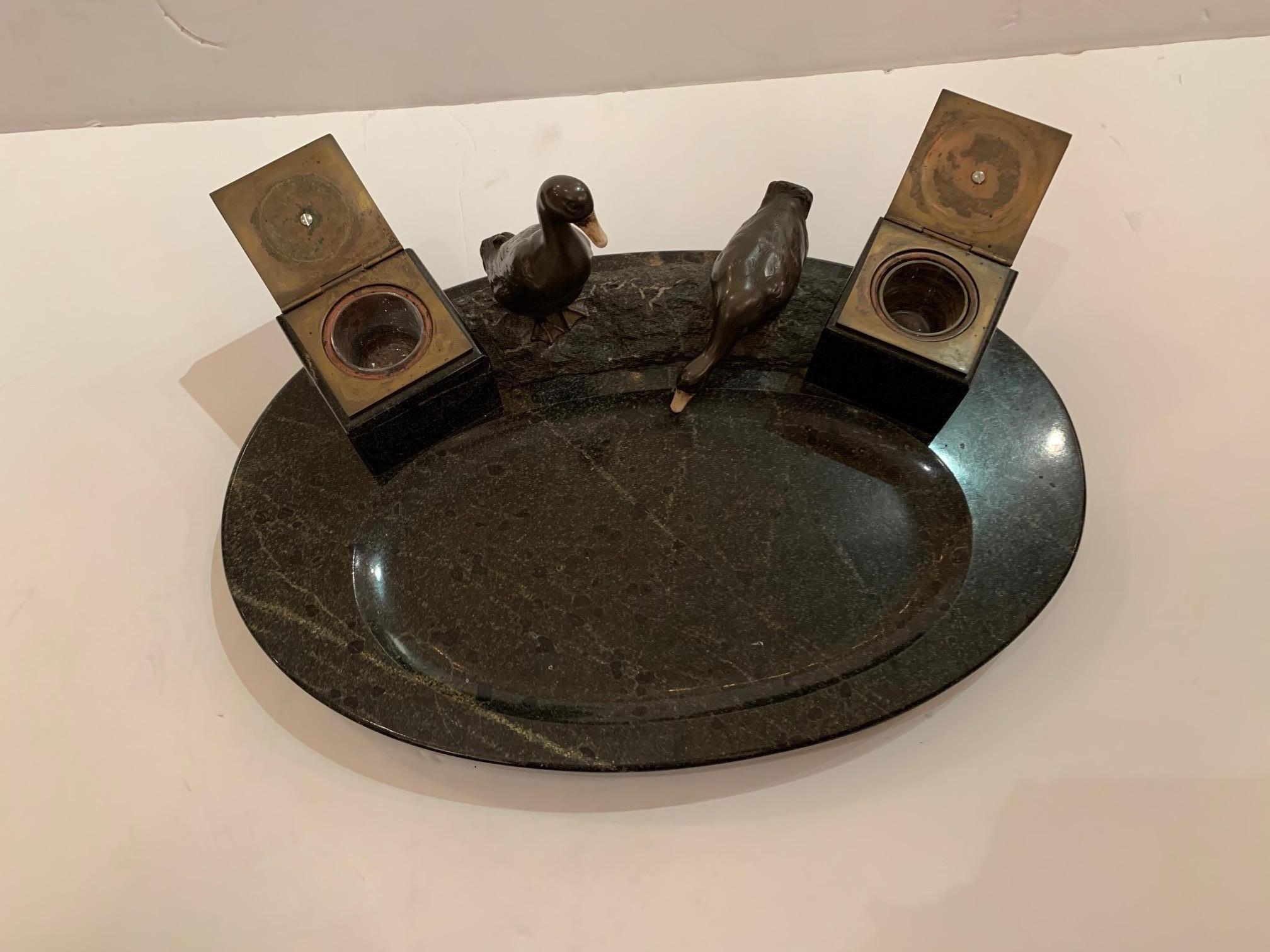 20th Century Impressive Black Marble Inkwell with Bronze Ducks For Sale