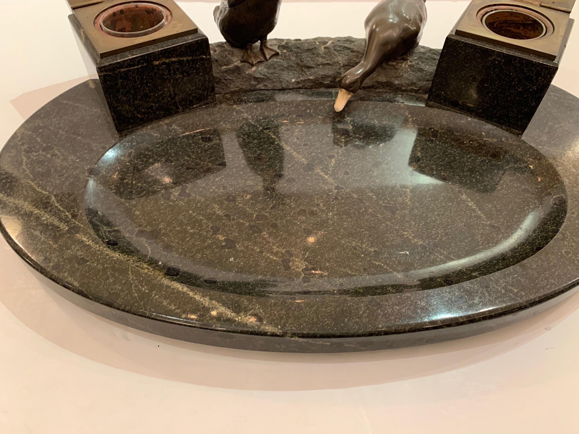Impressive Black Marble Inkwell with Bronze Ducks For Sale 1