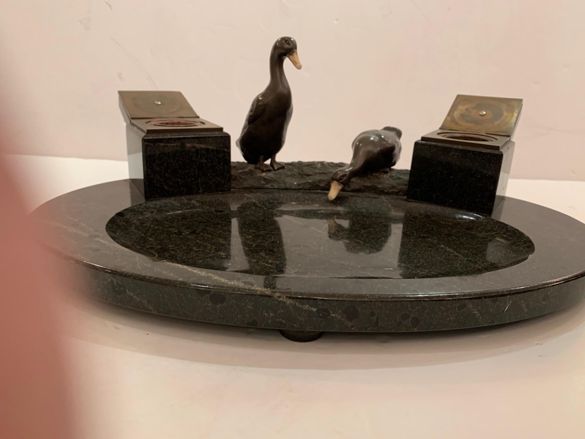 Impressive Black Marble Inkwell with Bronze Ducks For Sale 3