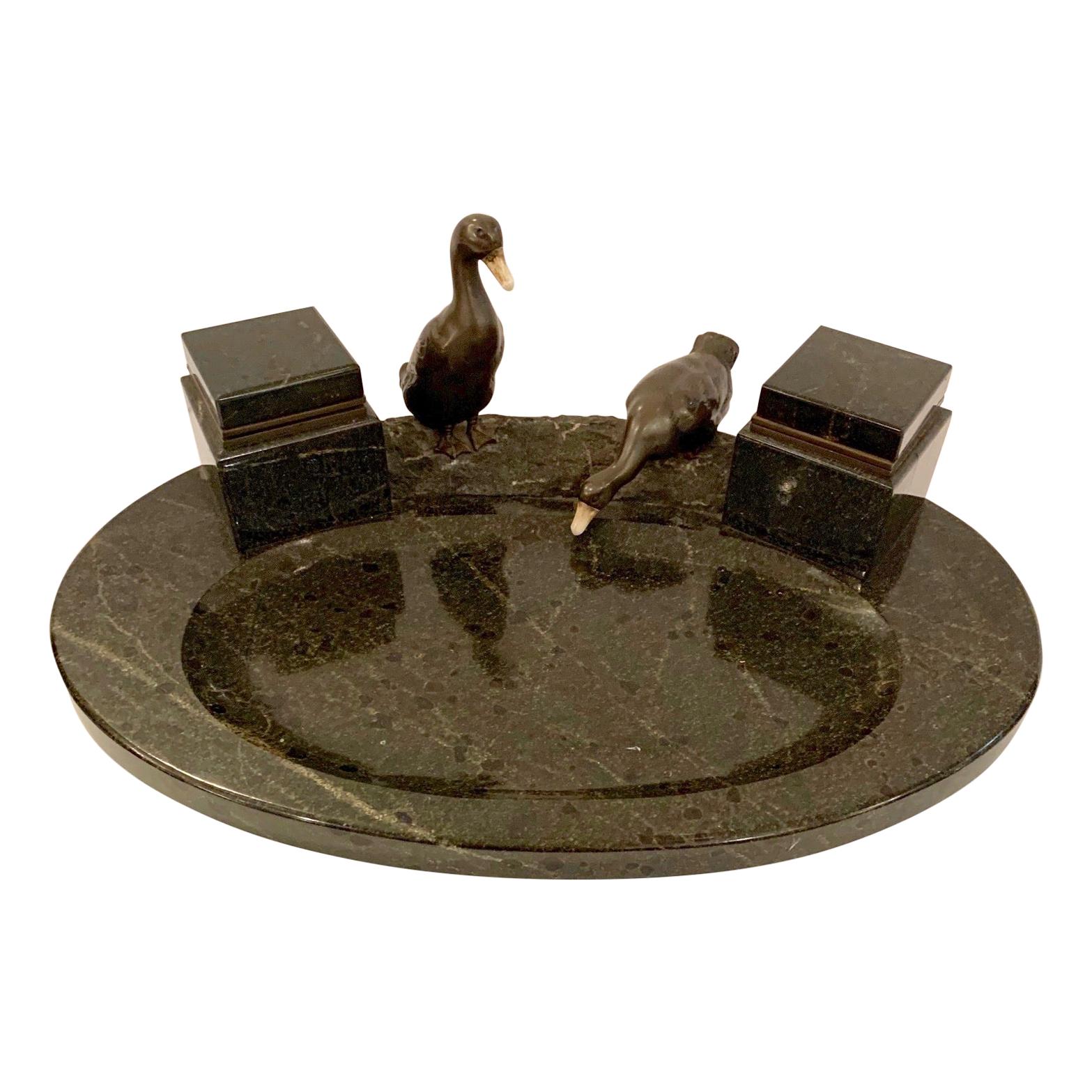 Impressive Black Marble Inkwell with Bronze Ducks For Sale