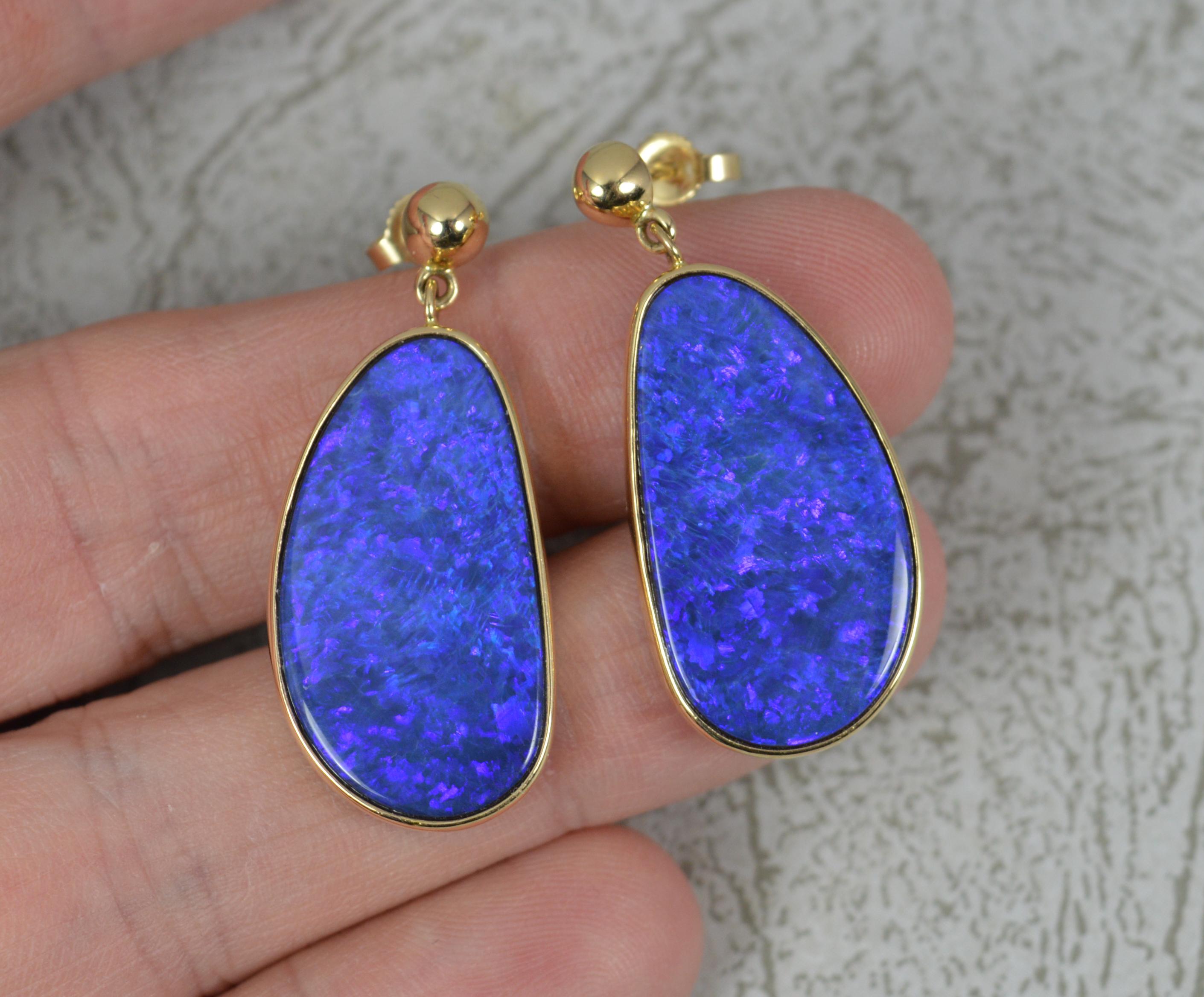 Impressive Black Opal Doublet and 14 Carat Gold Drop Dangle Earrings In Excellent Condition In St Helens, GB