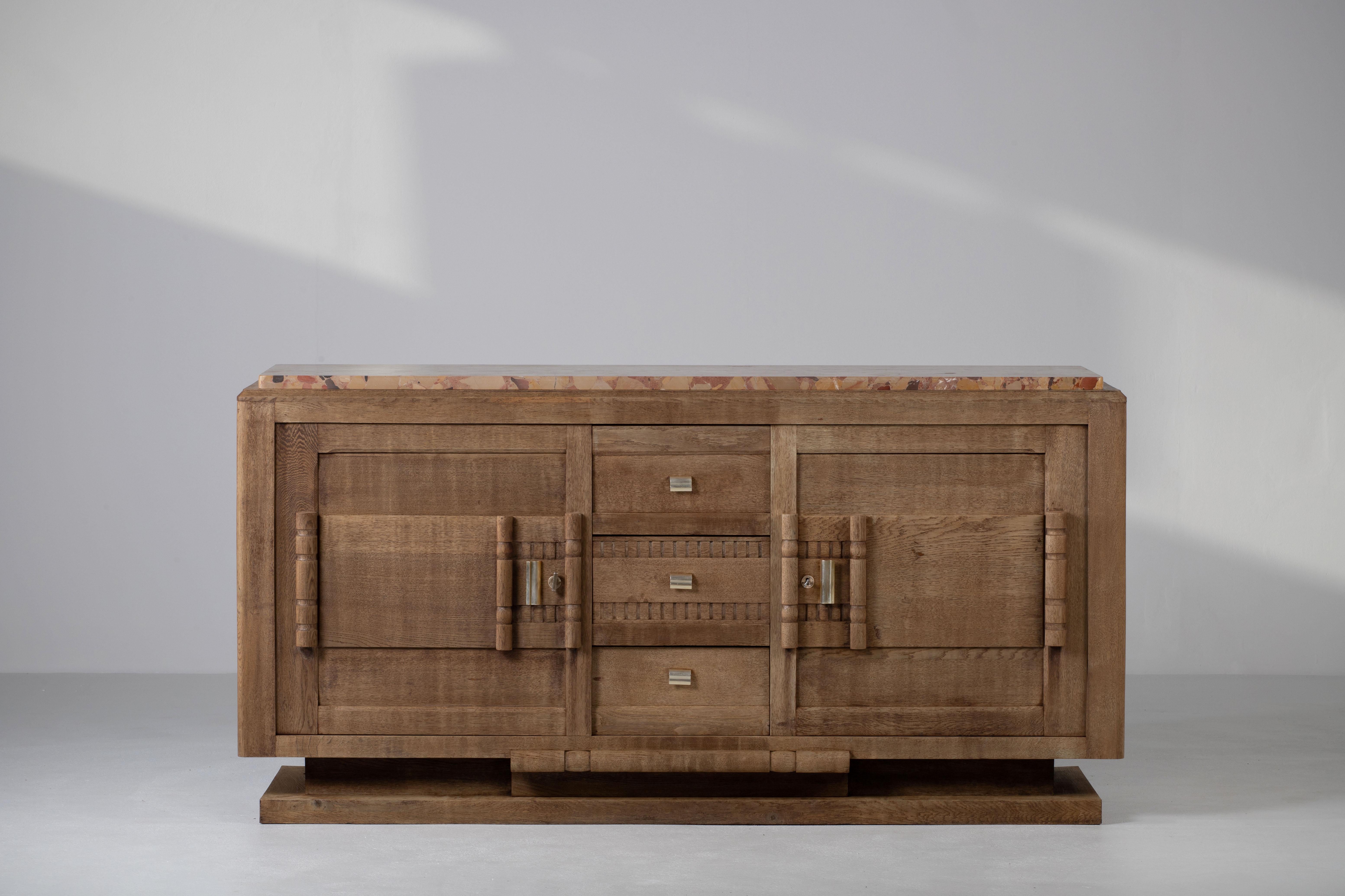 French Impressive Bleached Art Deco Solid Oak Sideboard, France, 1940s