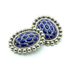 Impressive Blue Cabochons Clip-on Vintage Earrings in Silver, 90s