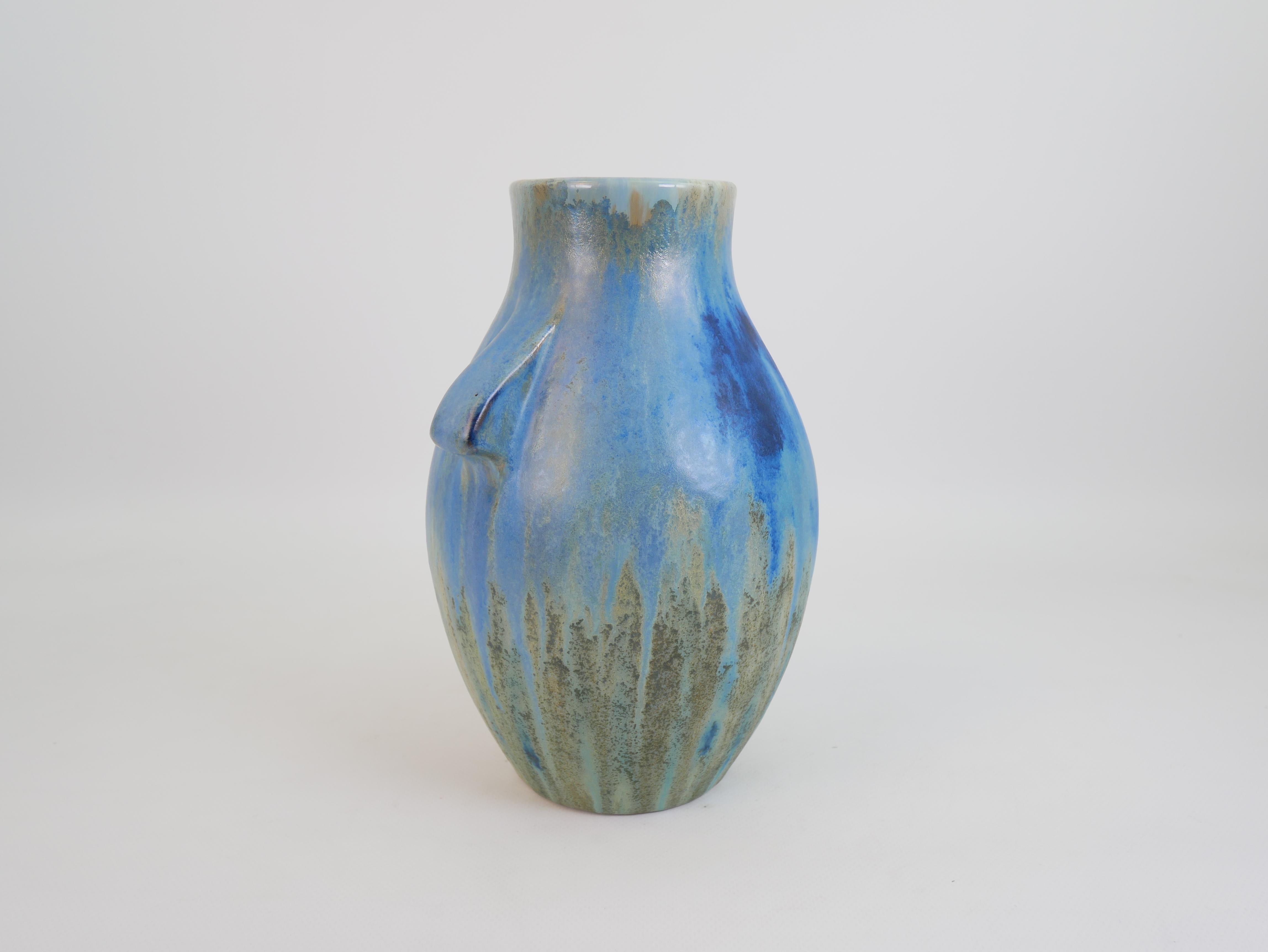 Impressionnant vase Art Déco en grès bleu de Pierrefonds Manufacture circa 1930 Excellent état - En vente à NICE, FR