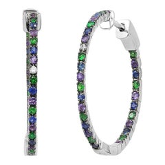 Impressive Blue Sapphire Amethyst Tsavorite Diamond White Gold Hoop Earrings