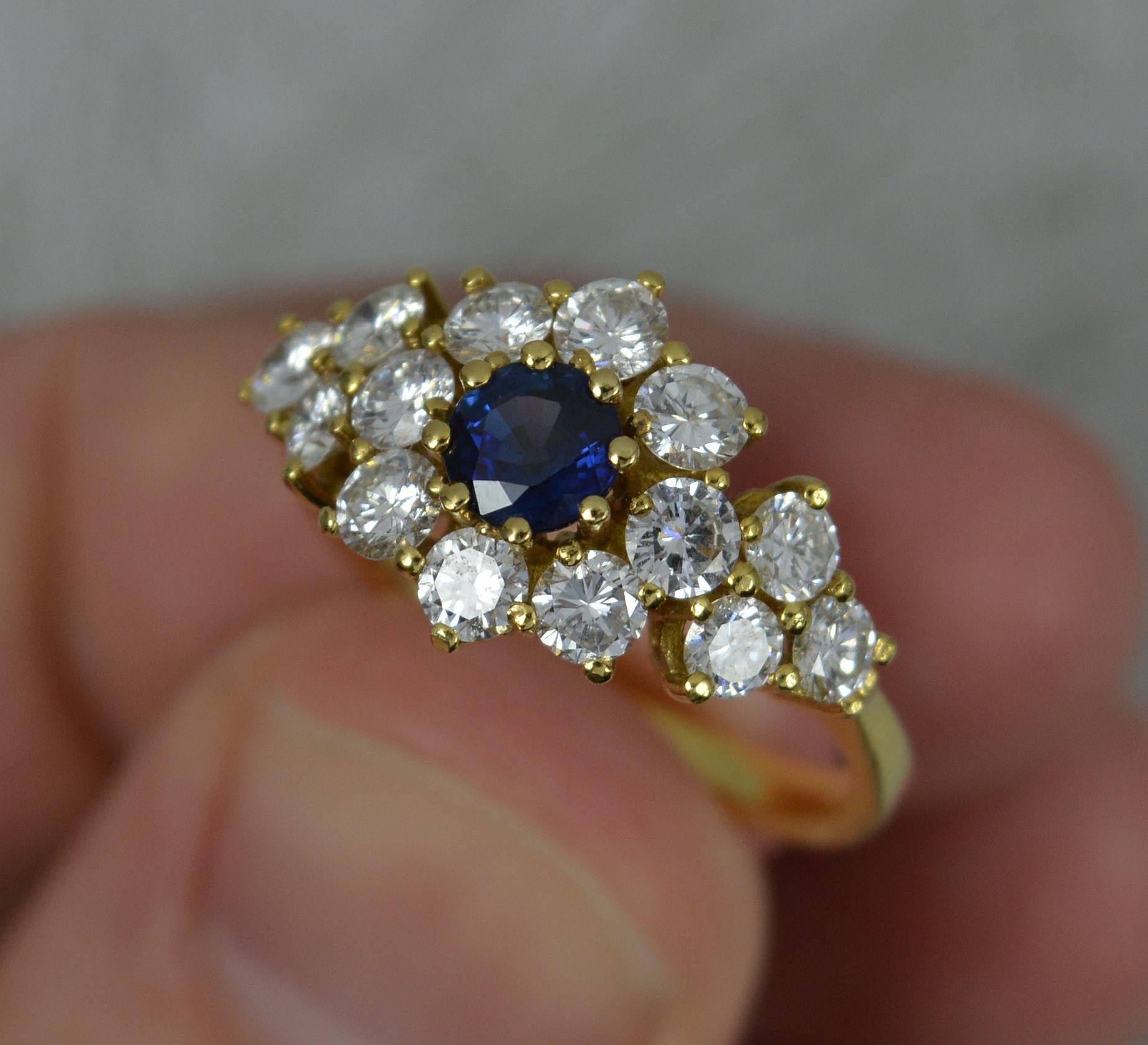 Round Cut Impressive Blue Sapphire and 1.2ct Vvs Diamond 18ct Gold Cluster Ring