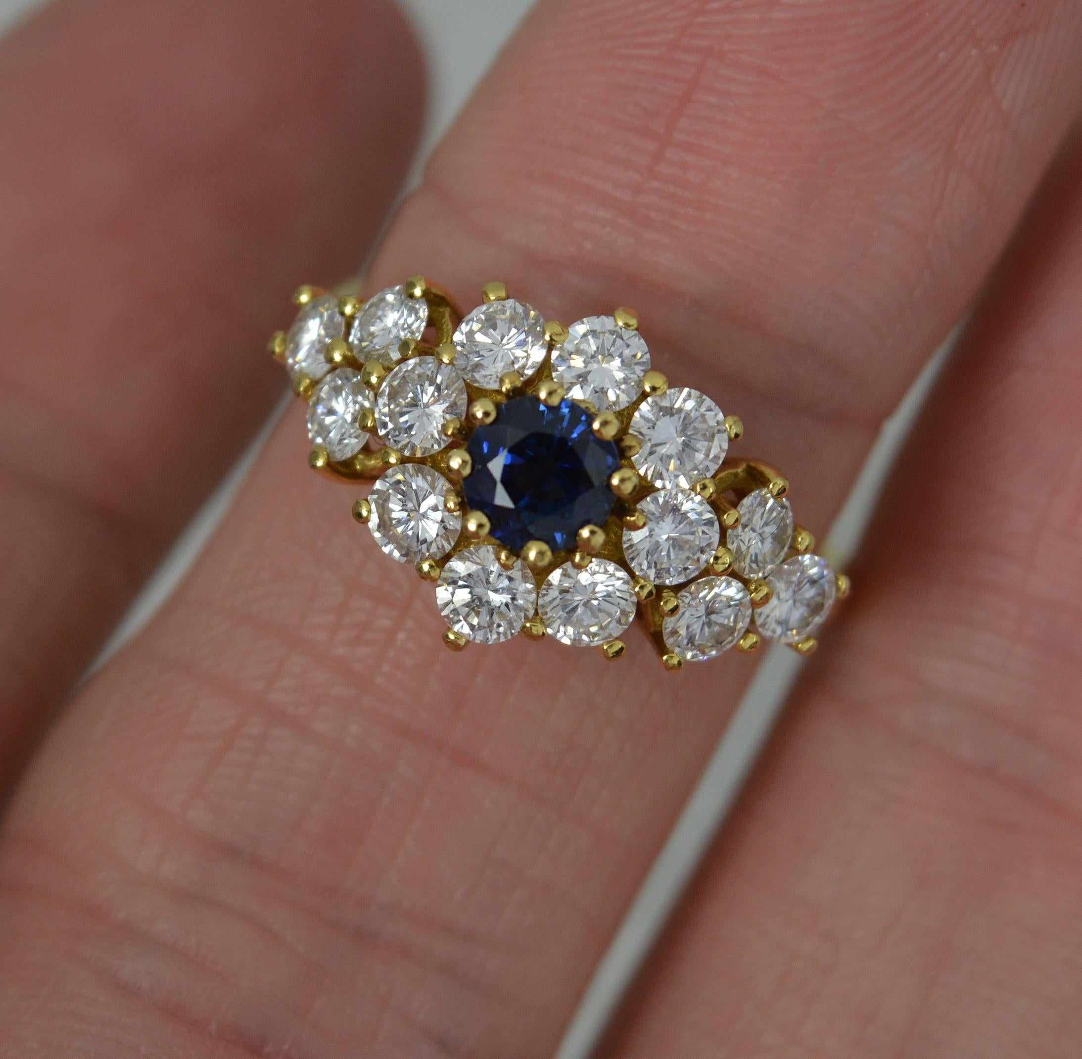 Impressive Blue Sapphire and 1.2ct Vvs Diamond 18ct Gold Cluster Ring In Excellent Condition In St Helens, GB