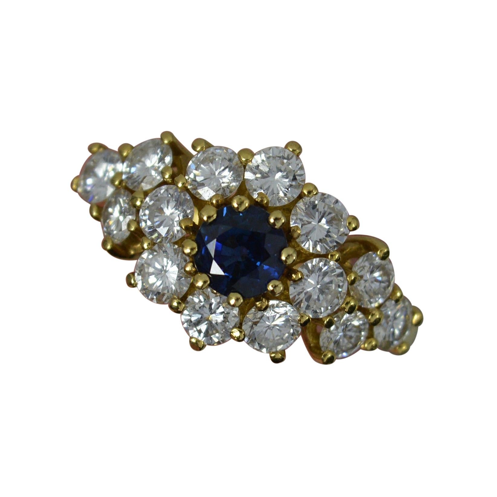 Impressive Blue Sapphire and 1.2ct Vvs Diamond 18ct Gold Cluster Ring