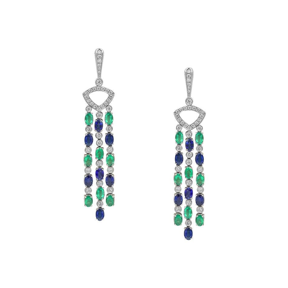 Impressive Blue Sapphire Diamond 18 Karat Emerald Gold Drop Earrings For Sale