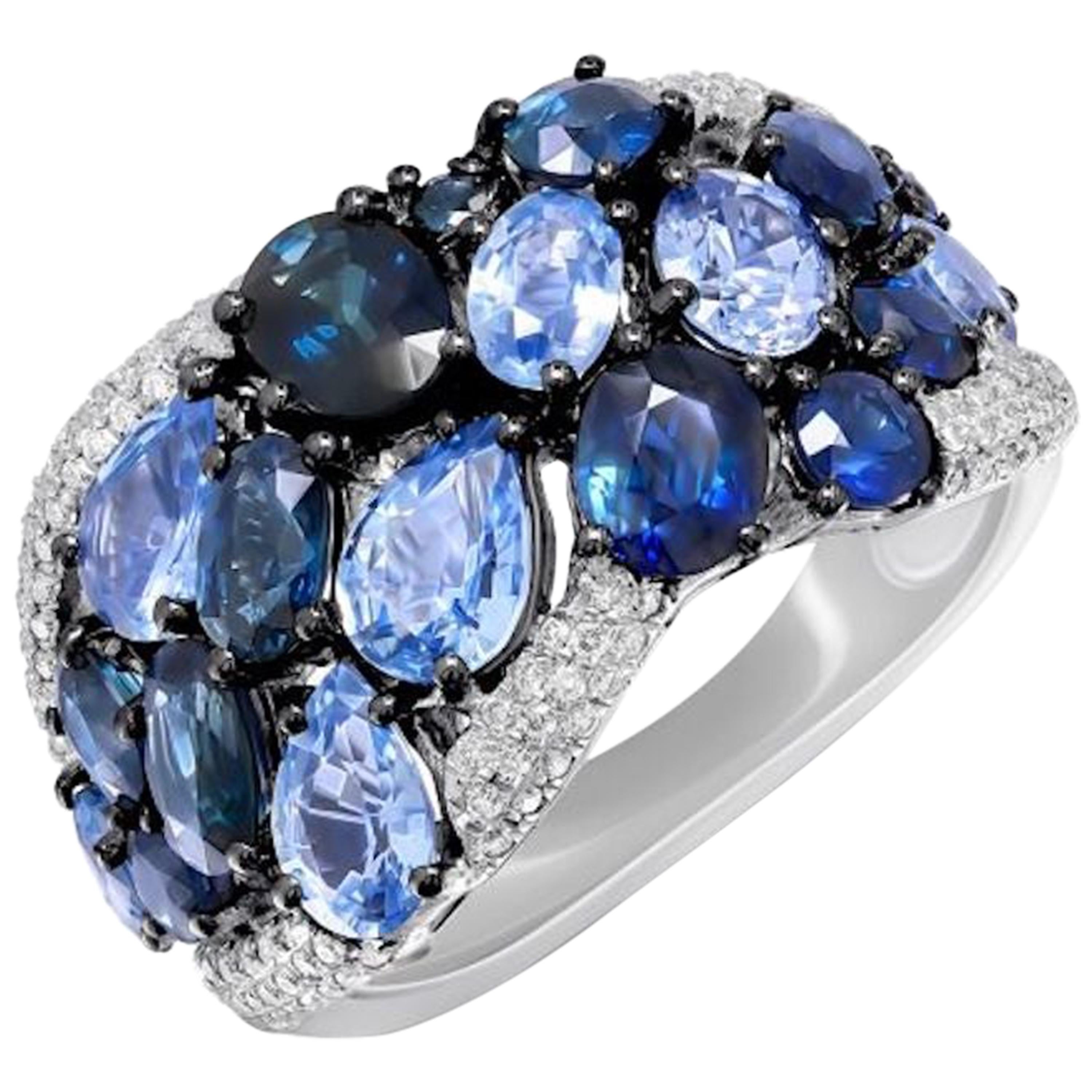 Impressive Blue Sapphire Diamond Cocktail White 14 Karat Gold Ring for Her