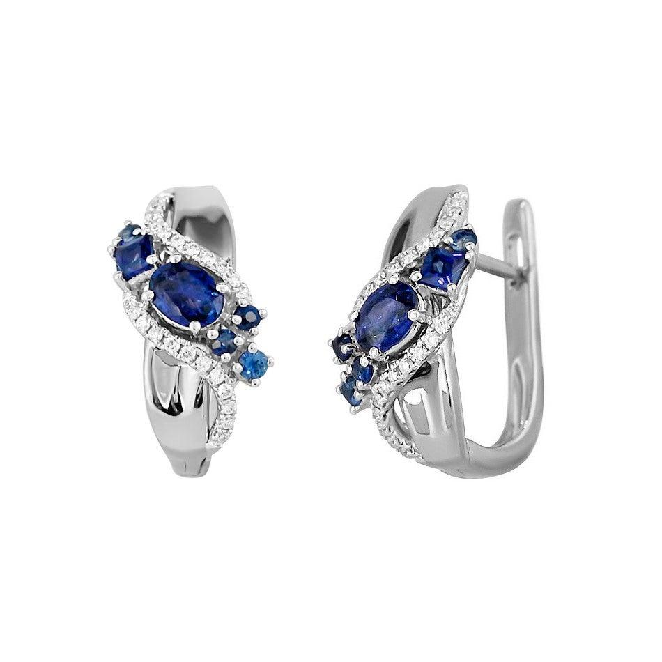 Beeindruckende Weißgold-Ohrringe mit blauem Saphir und Diamant (Antiker Kissenschliff) im Angebot