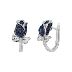 Elegant Blue Sapphire White Diamond Tulip Flower White Gold Earrings