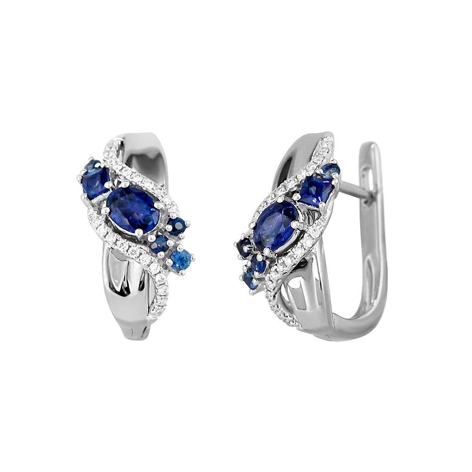 Impressionnantes boucles d'oreilles en or blanc avec saphir bleu et diamant