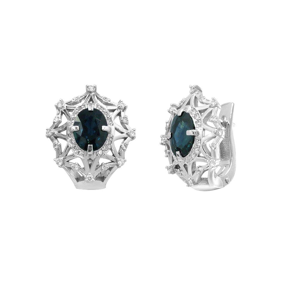 Impressive Blue Sapphire Diamond White Gold Stud Earrings For Sale