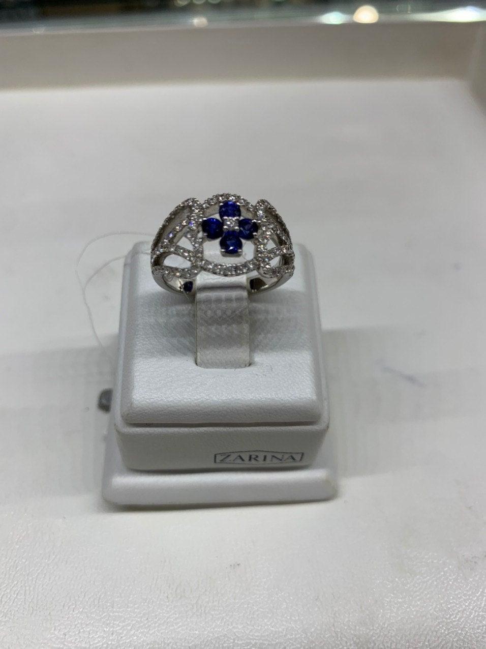 For Sale:  Impressive Blue Sapphire Diamond White Gold Stud Ring 6