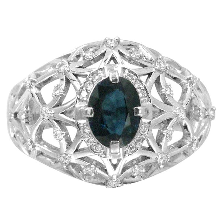 Impressive Blue Sapphire Diamond White Gold Stud Ring