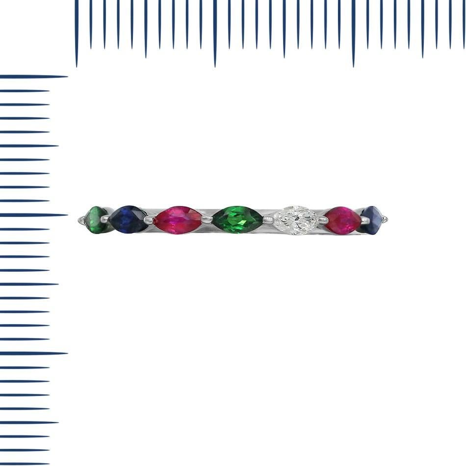 Ring White Gold 14 K 

Diamond  1-RND-0,07-G/VS1A
Sapphire 2-0,21ct
Ruby 2-0,2ct
Tsavorite 2-0,19ct

Weight 1.42 grams
Size 17.2

With a heritage of ancient fine Swiss jewelry traditions, NATKINA is a Geneva based jewellery brand, which creates