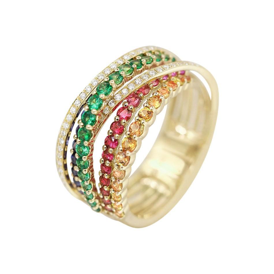 Ring White Gold 14 K (Available in Yellow Gold)

Diamond  53-RND-0,13-G/VS2A 
Ruby 9-0,18ct
Tsavorite 18-0,46ct
Sapphire 14-0,37ct
Multi Sapphire 20-0,47ct

Weight 5.32 grams
Size 17

With a heritage of ancient fine Swiss jewelry traditions, NATKINA