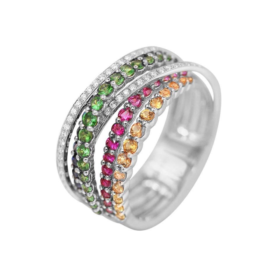 Ring Yellow Gold 14 K (Available in White Gold)

Diamond  53-RND-0,13-G/VS2A 
Ruby 9-0,18ct
Tsavorite 18-0,46ct
Sapphire 14-0,37ct
Multi Sapphire 20-0,47 ct

Weight 5.54 grams
Size 17

With a heritage of ancient fine Swiss jewelry traditions,