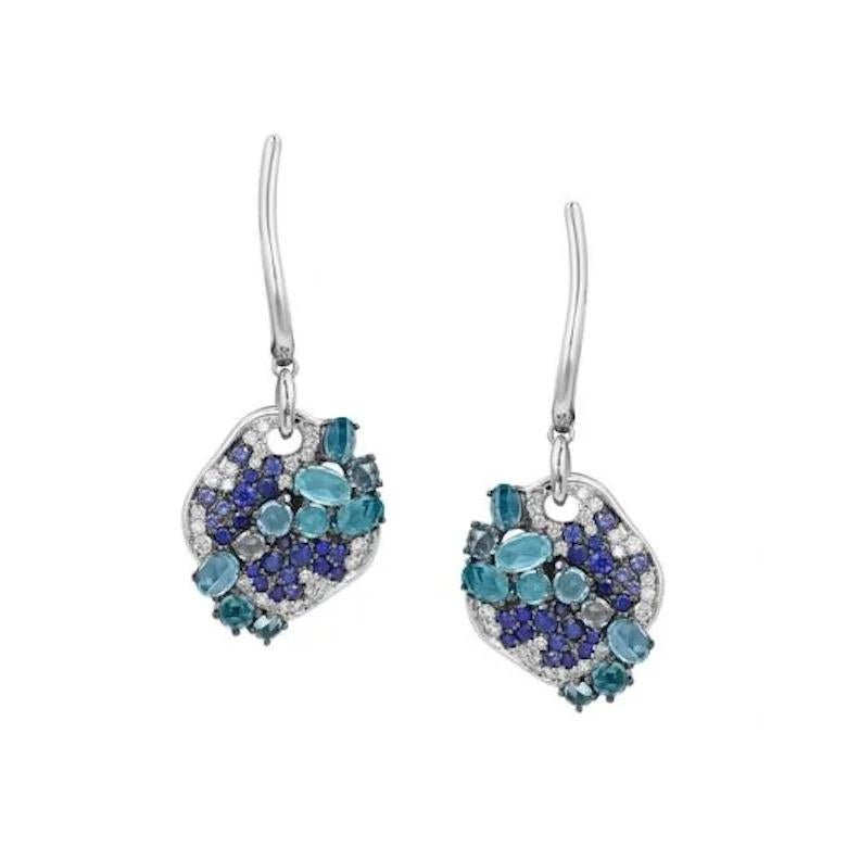 Impressive Blue Sapphire Topaz Diamond Cocktail White Gold Earrings for Her For Sale 1