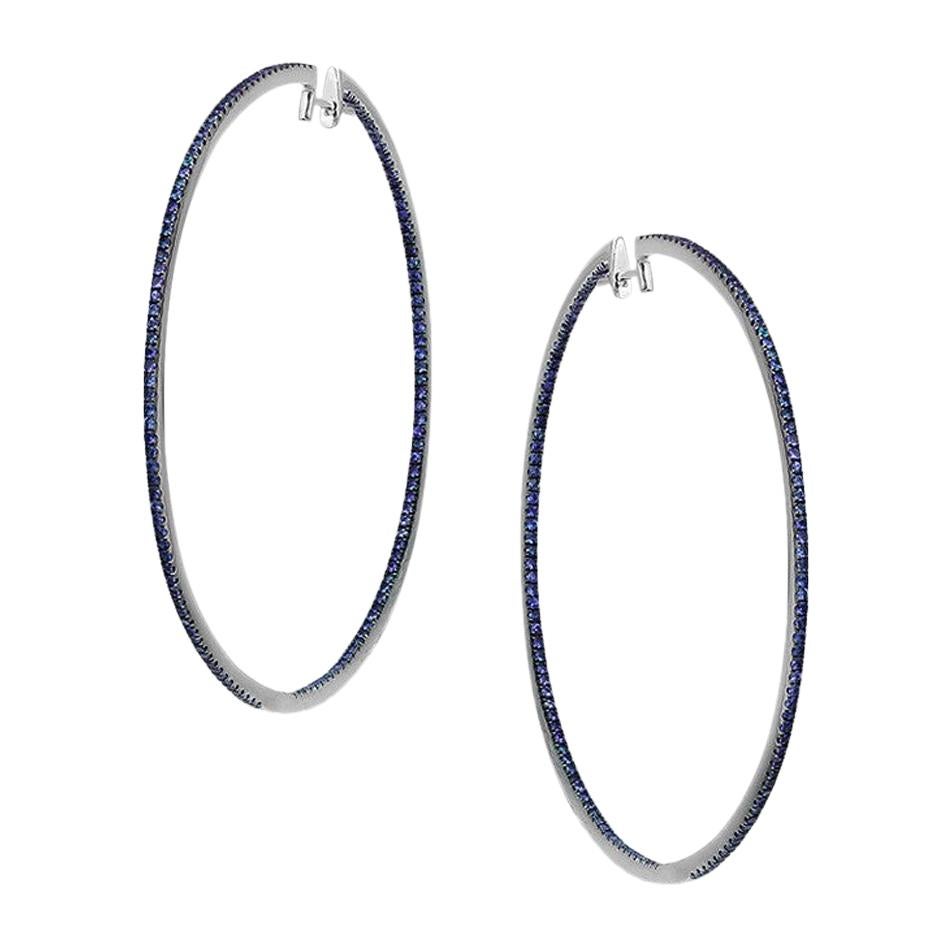 Impressive Blue Sapphire White Gold Hoop Earrings For Sale