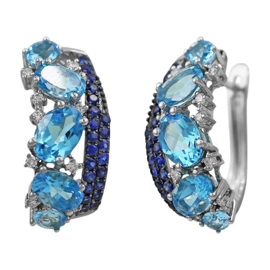 Impressive Blue Topaz Blue Sapphire White Diamond White Gold Every Day Earrings For Sale