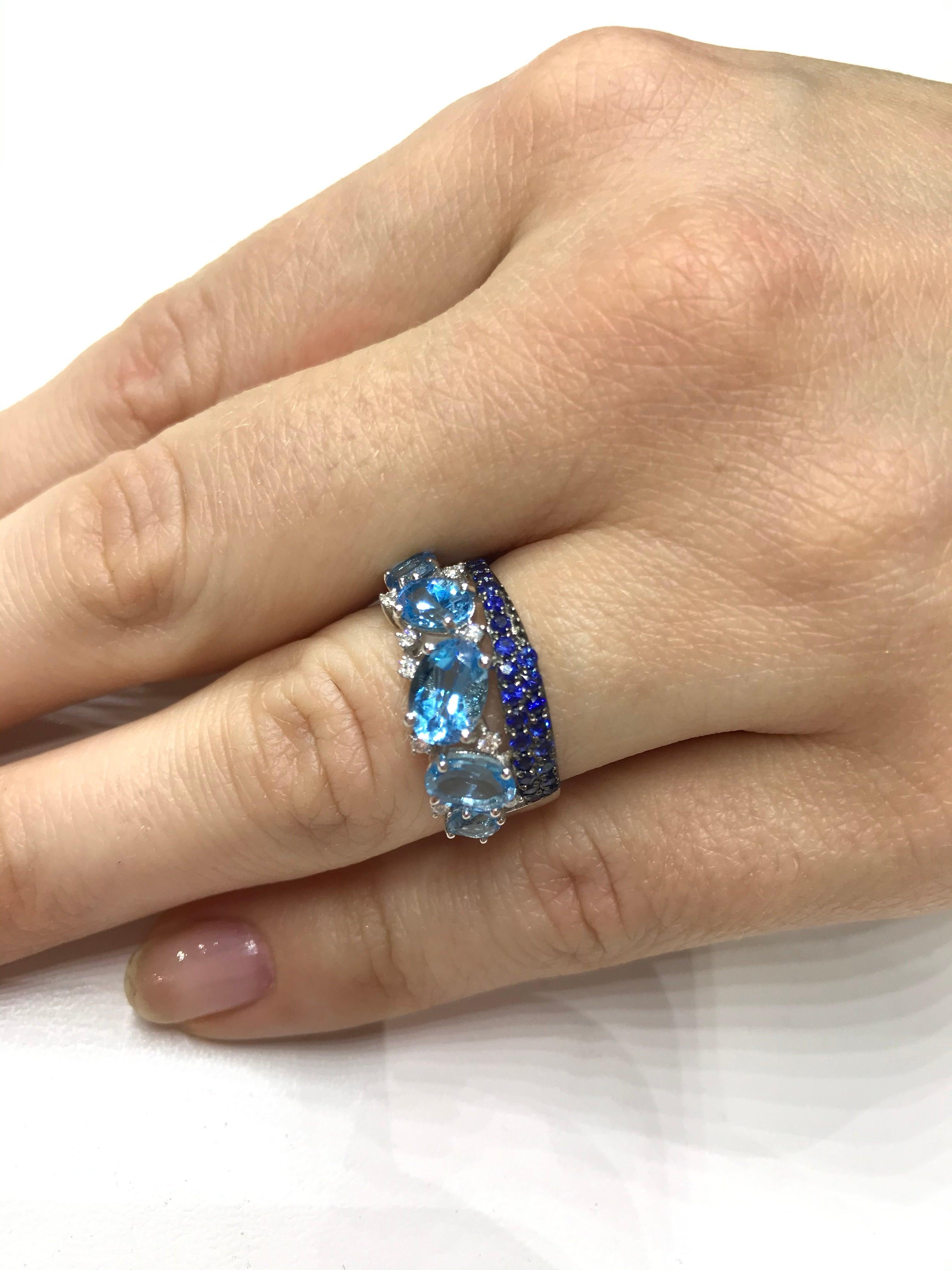 For Sale:  Impressive Blue Topaz Blue Sapphire White Diamond White Gold Statement Ring 2