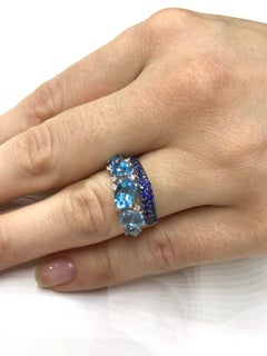 Impressive Blue Topaz Blue Sapphire White Diamond White Gold Statement Ring
