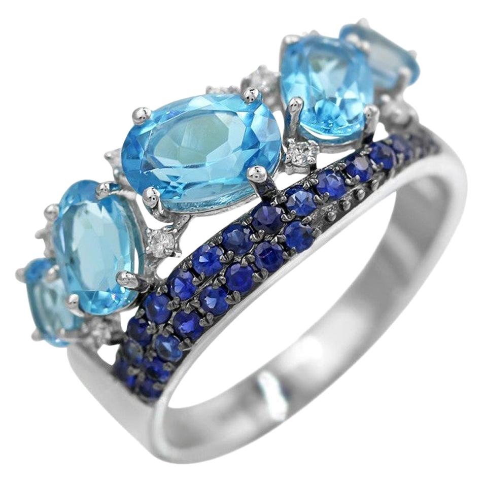Impressive Blue Topaz Blue Sapphire White Diamond White Gold Statement Ring