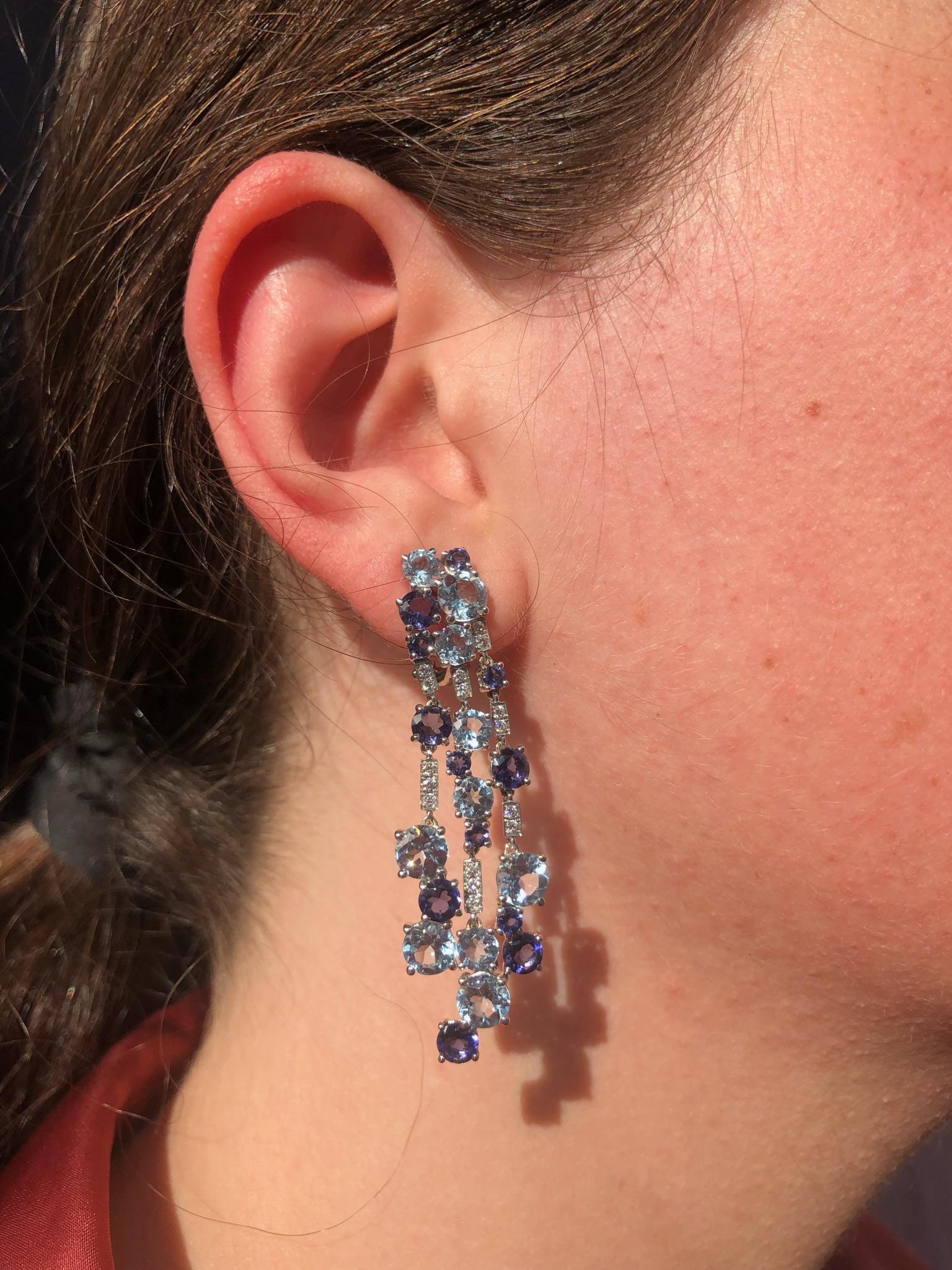 Women's Impressive Blue Topaz Diamond 18 Karat Cordierite Gold Drop Earrings For Sale