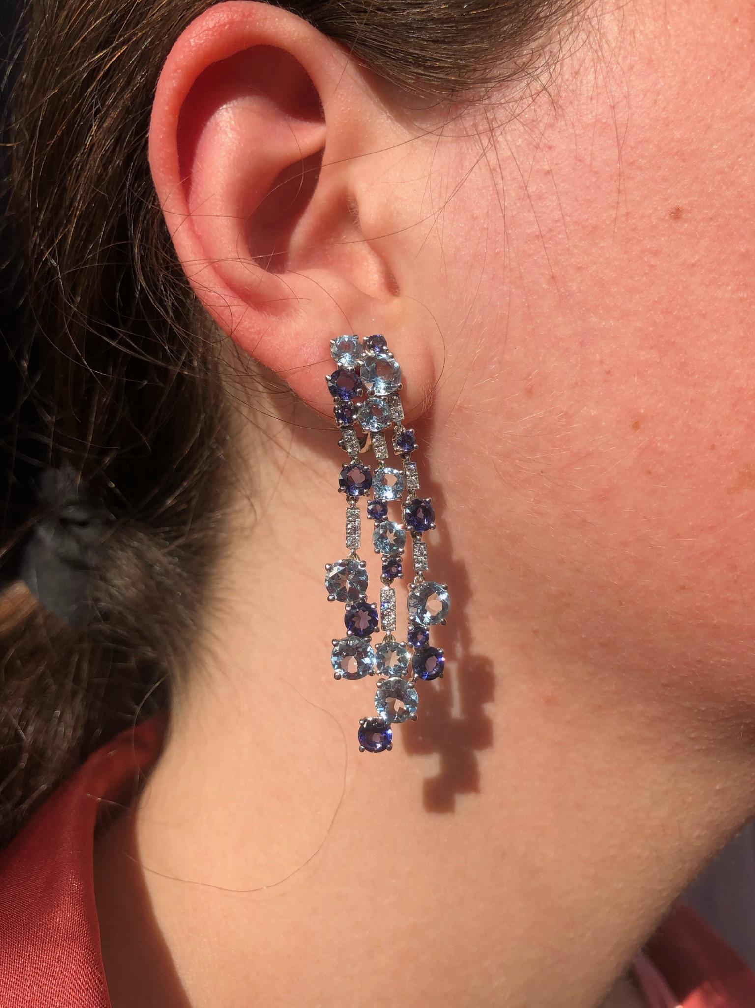 Impressive Blue Topaz Diamond 18 Karat Cordierite Gold Drop Earrings For Sale 2