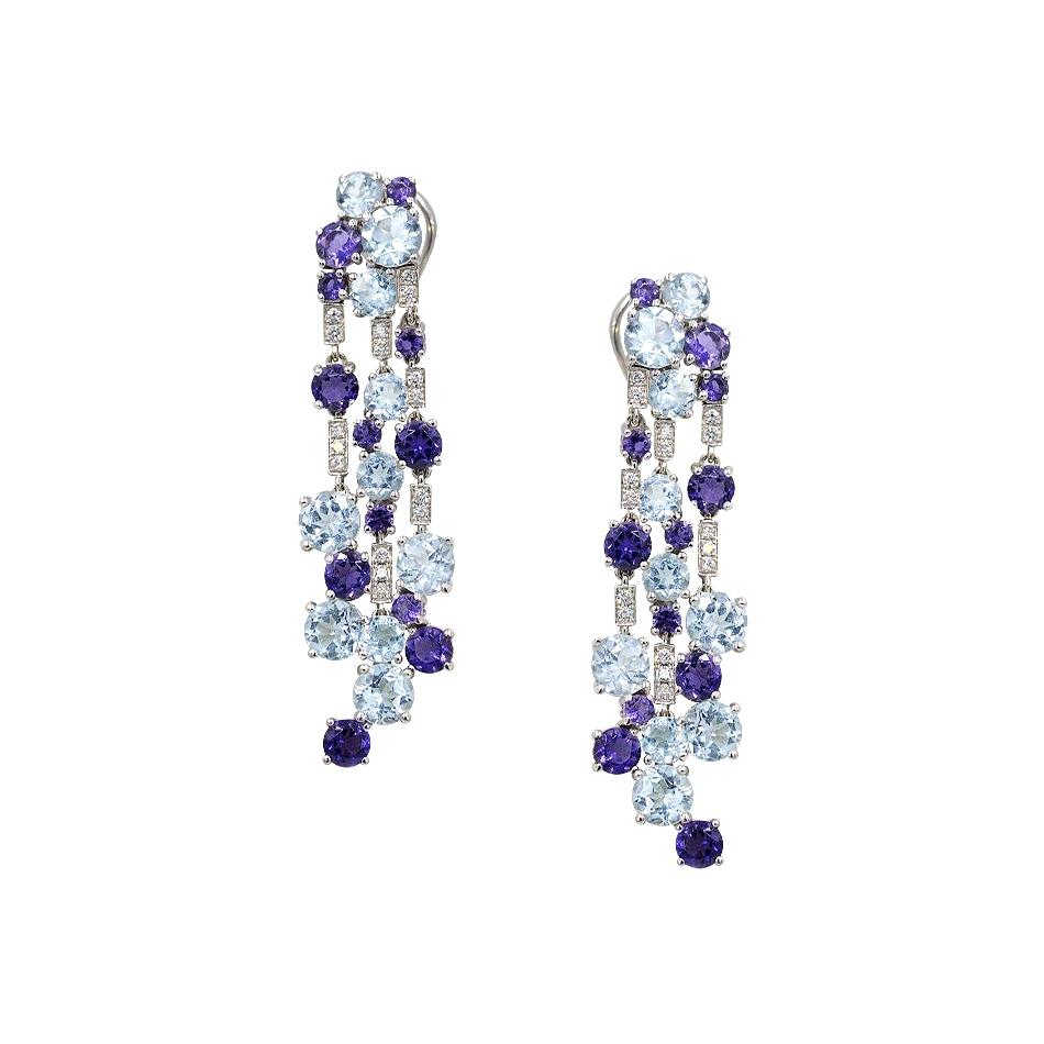 Impressive Blue Topaz Diamond 18 Karat Cordierite Gold Drop Earrings For Sale