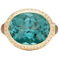 Impressive Blue Topaz, Moonstone and Diamond Ring
