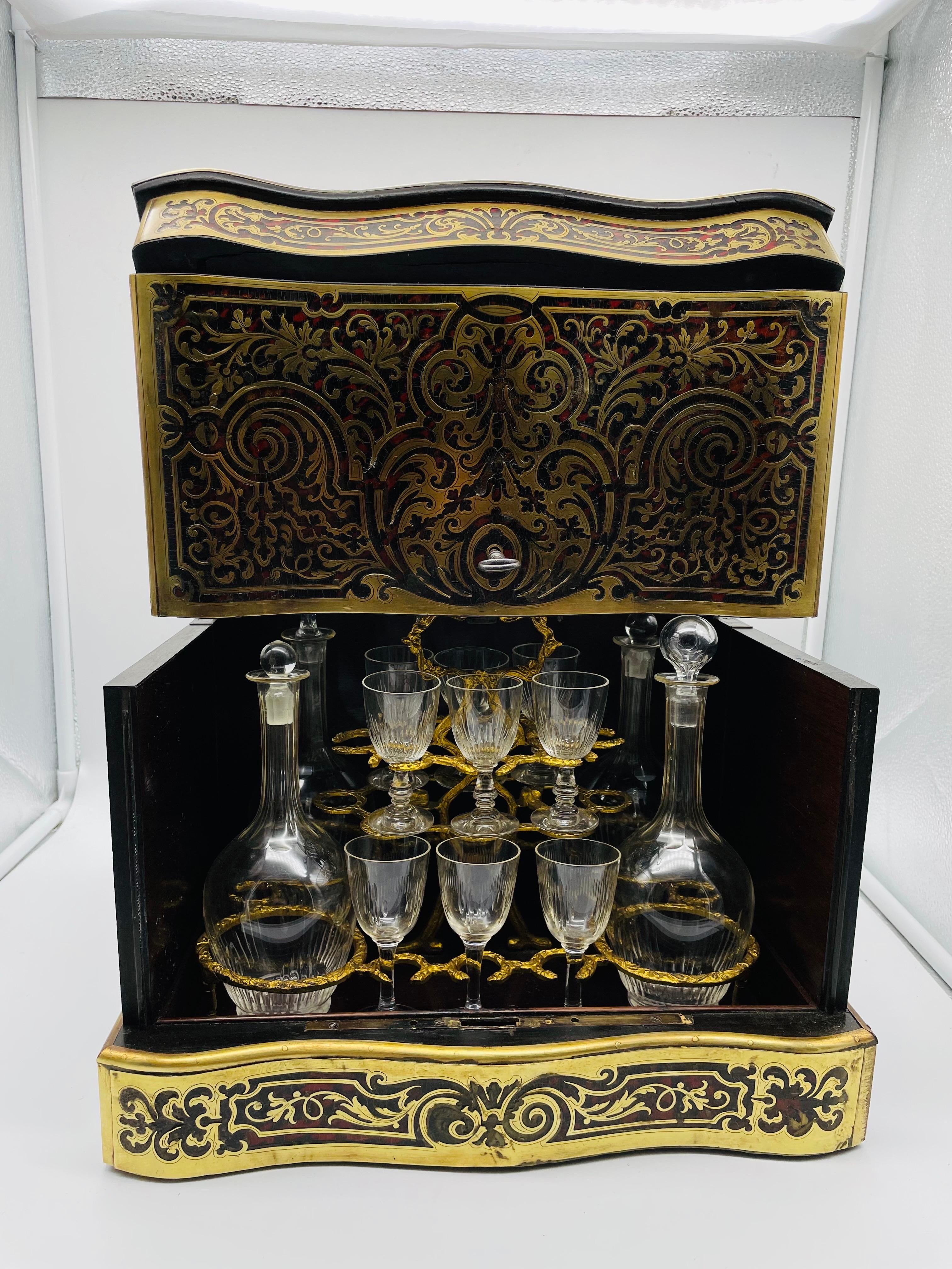 Hand-Carved Impressive Boulle Napoleonic Tantalus Liquor Cabinet, 19th Century For Sale