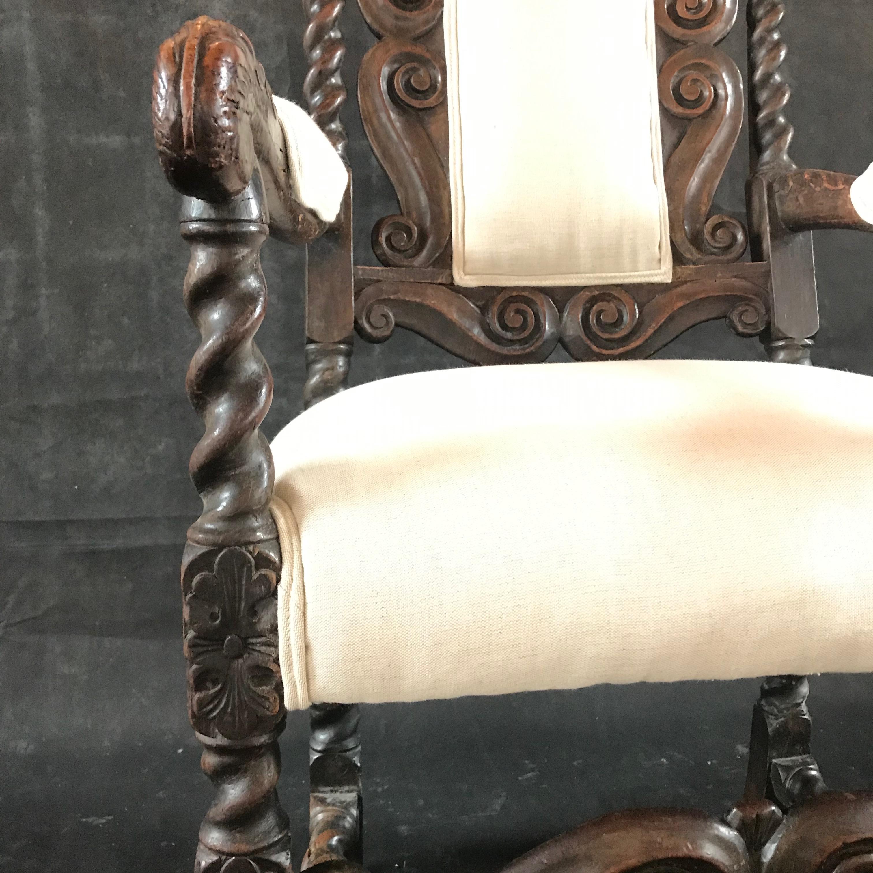 Upholstery Impressive British 18th Century Carved Oak Jacobean Armchair For Sale