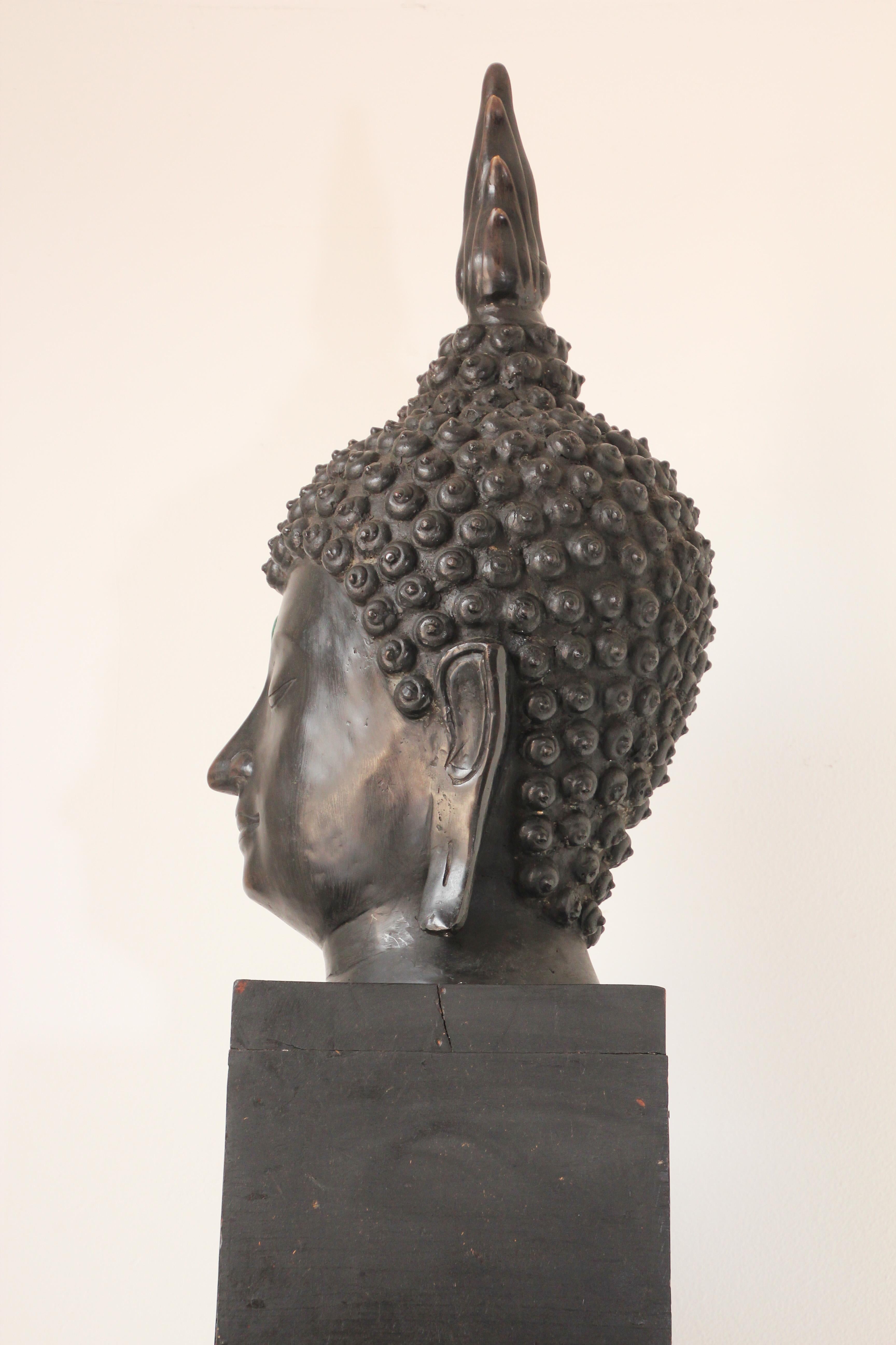 20th Century Impressive Bronze Head of Buddha on Pedestal For Sale