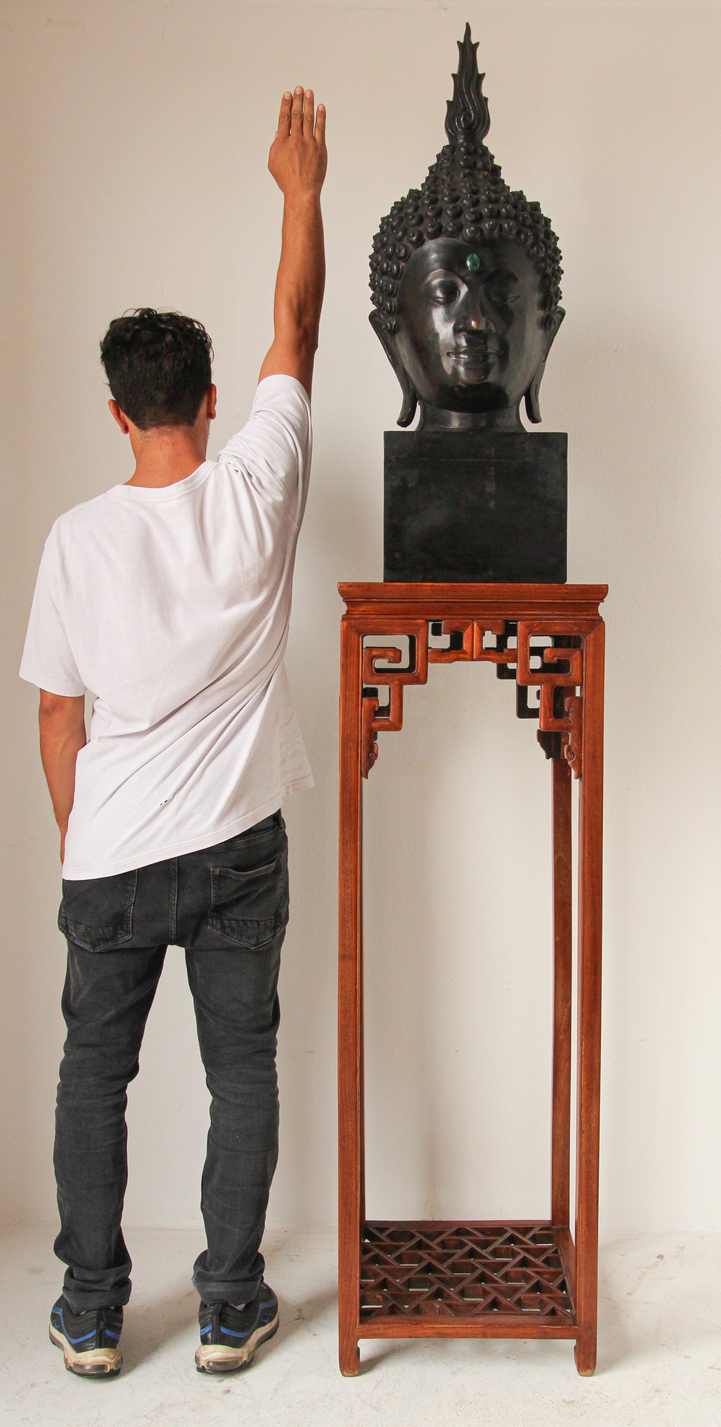 Impressive Bronze Head of Buddha on Pedestal 8