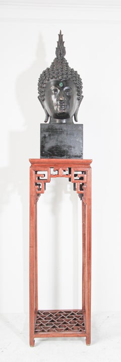 Impressive Bronze Head of Buddha on Pedestal