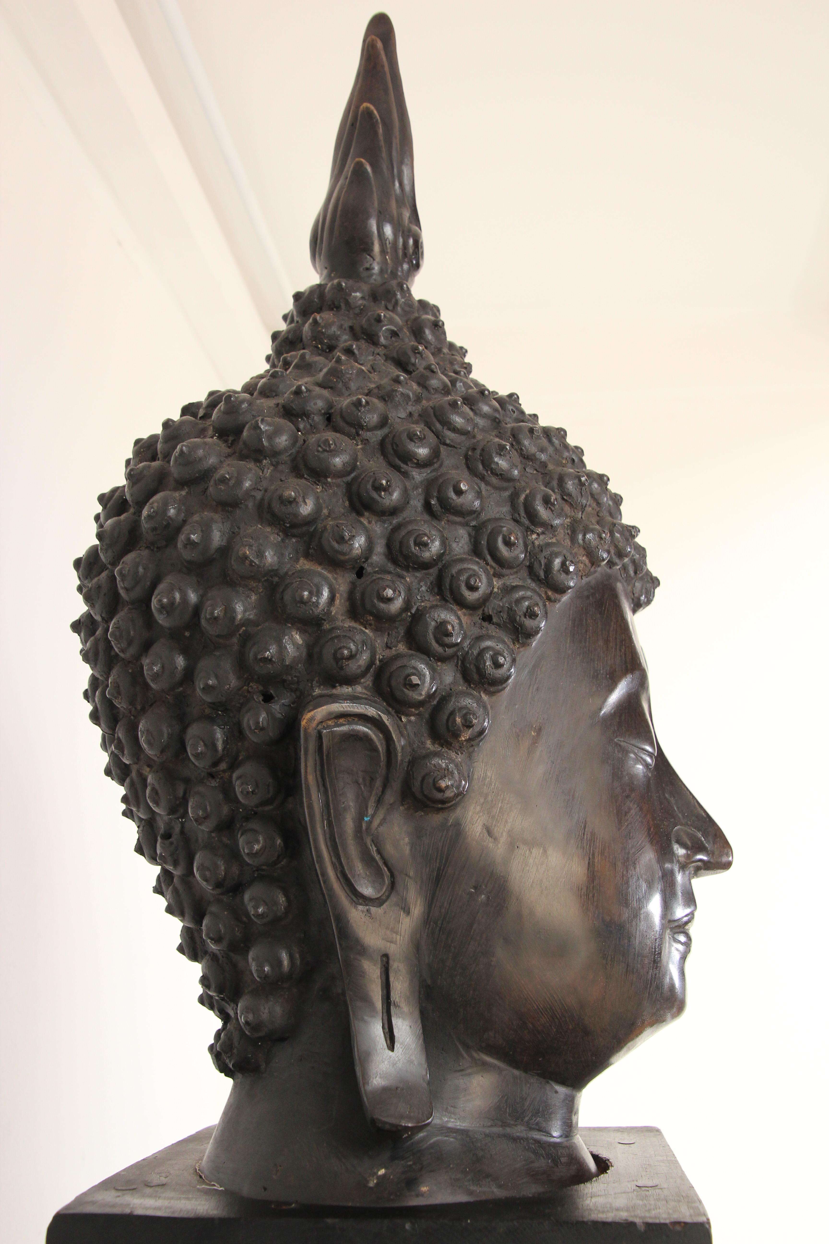 Thai Impressive Bronze Head of Buddha on Pedestal For Sale