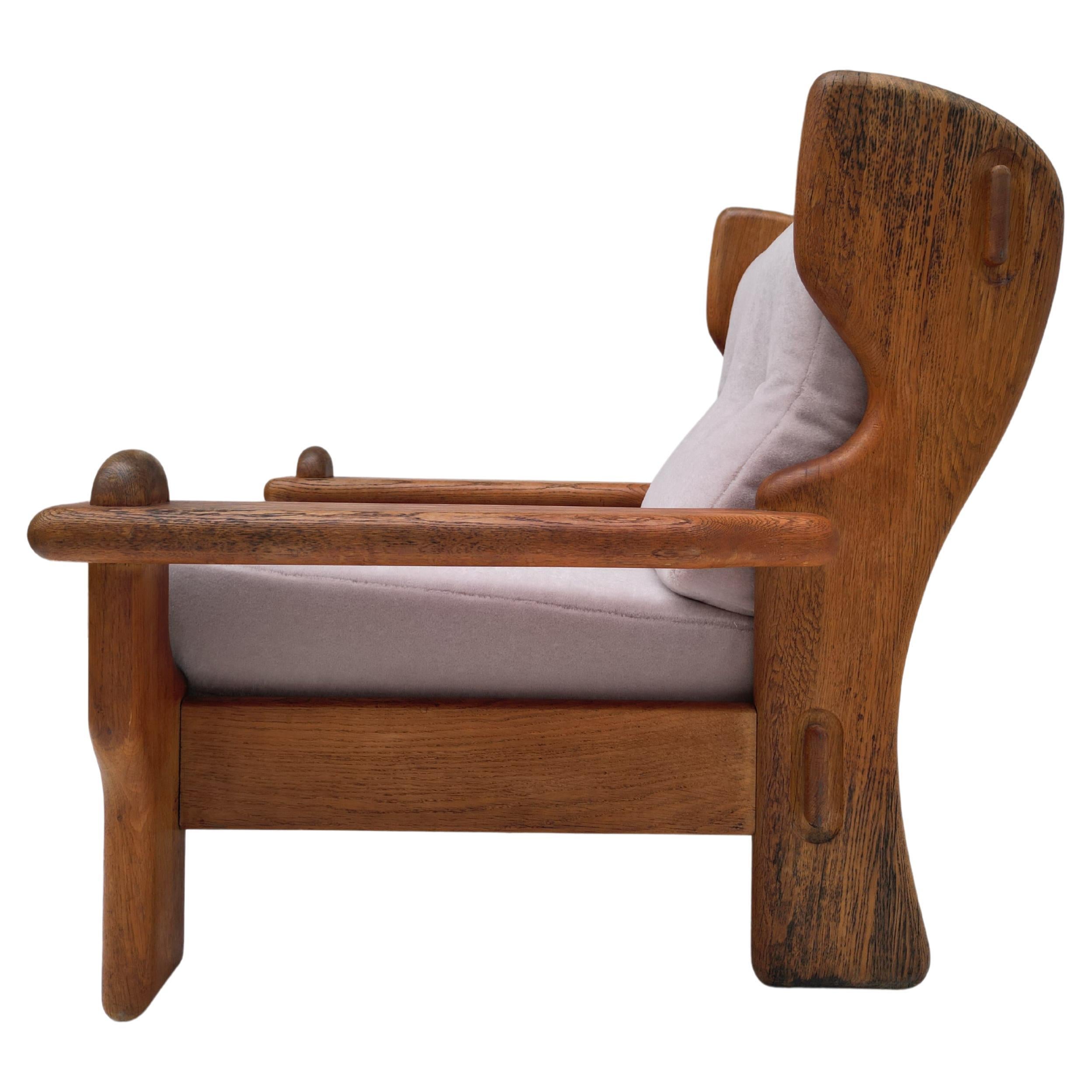 Impressive Brutalist Rustic Oak Lounge Chair Belgium 1970's, New Mohair Velvet  For Sale 9