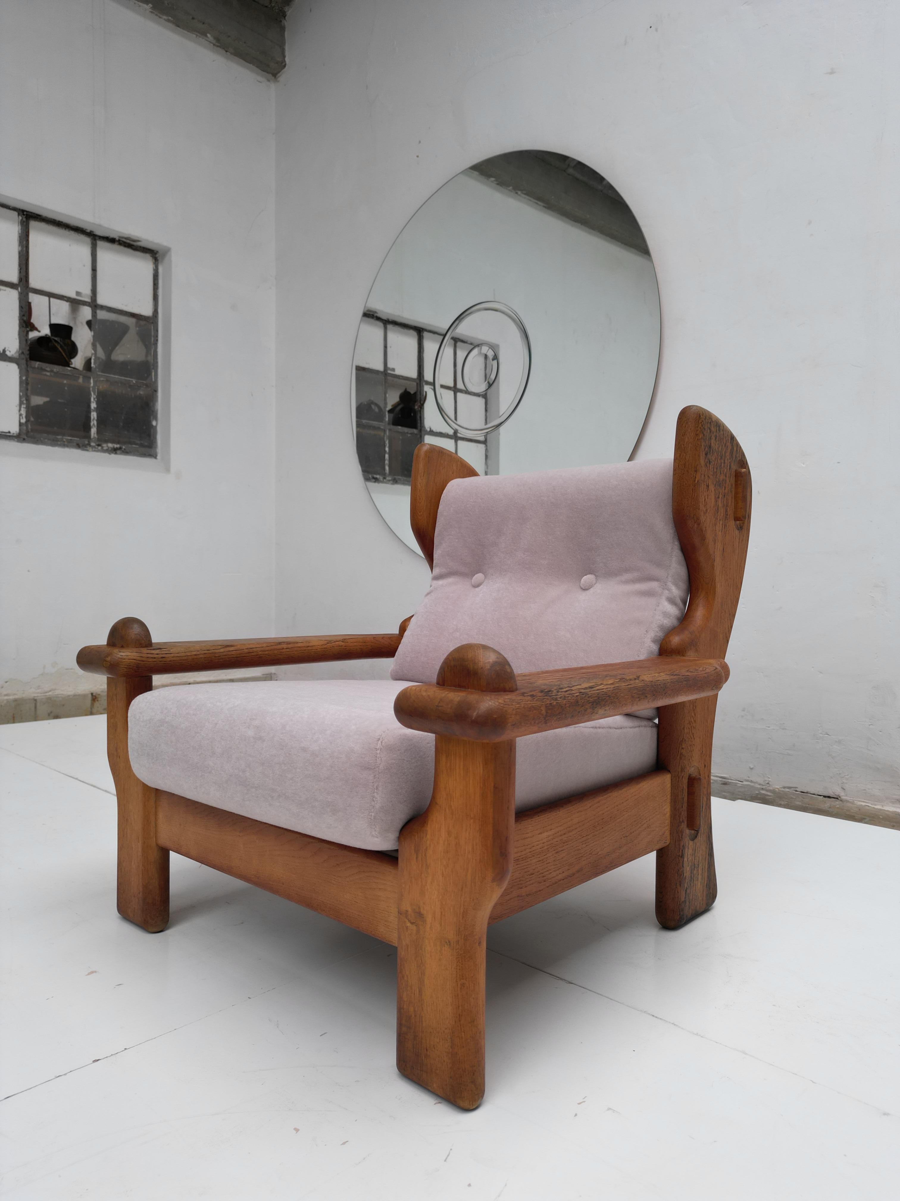 Impressive Brutalist Rustic Oak Lounge Chair Belgium 1970's, New Mohair Velvet  For Sale 11