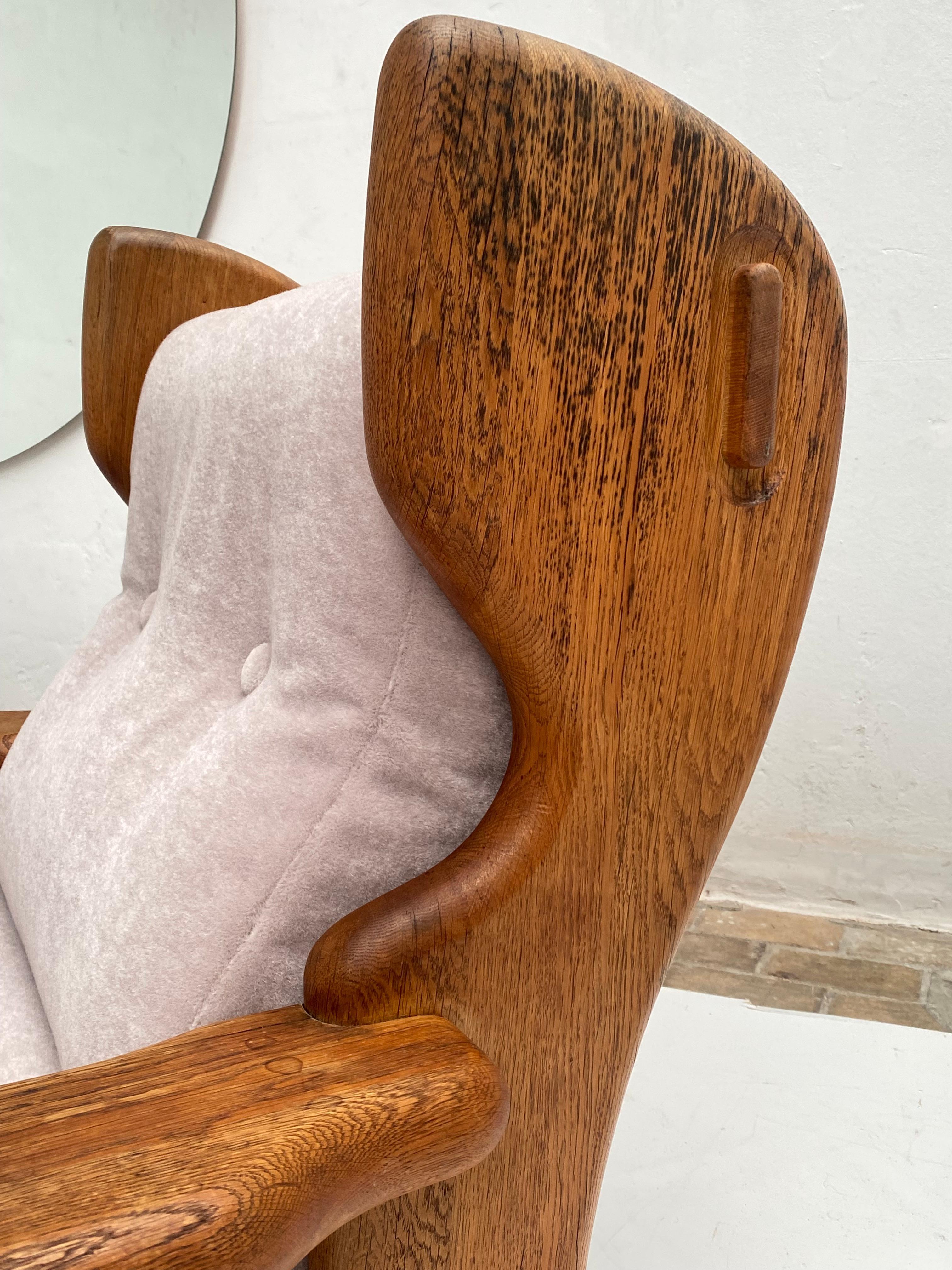 Belgian Impressive Brutalist Rustic Oak Lounge Chair Belgium 1970's, New Mohair Velvet  For Sale